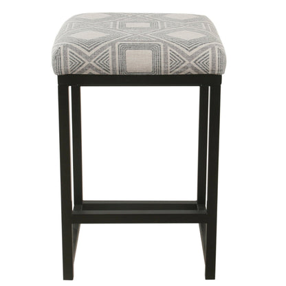 Benjara Metal Counter Stool with Geometric Pattern Fabric Upholstered Seat, Gray And Black