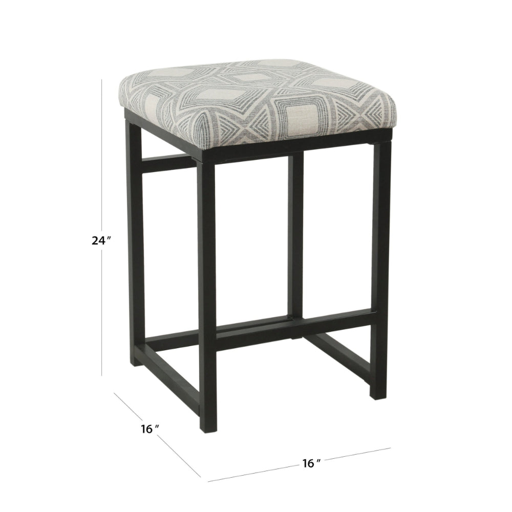 Benjara Metal Counter Stool with Geometric Pattern Fabric Upholstered Seat, Gray And Black