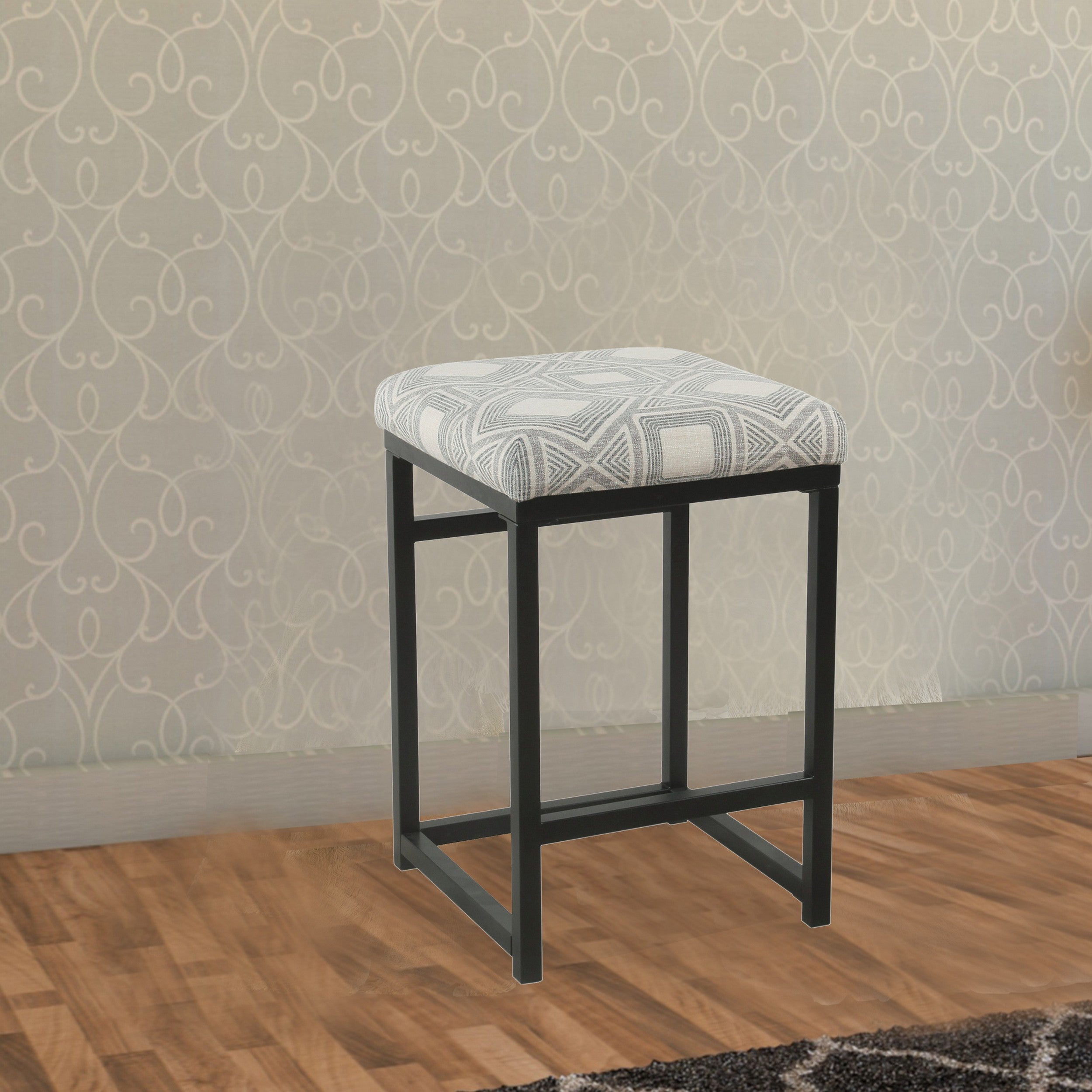 Benjara Metal Counter Stool with Geometric Pattern Fabric Upholstered Seat, Gray And Black
