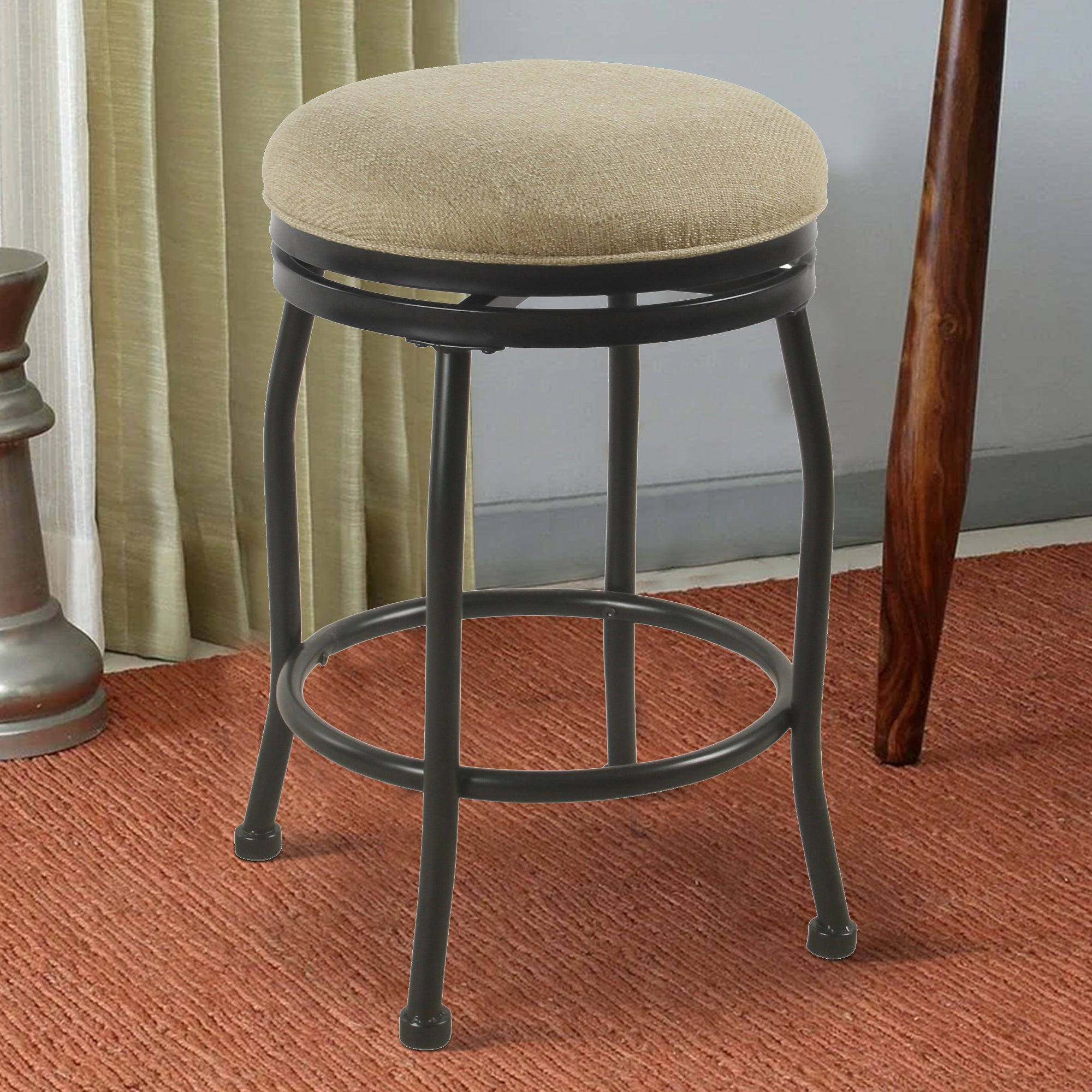 Benjara Metal Counter Stool with Swivelling Fabric Padded Seat, Beige And Black