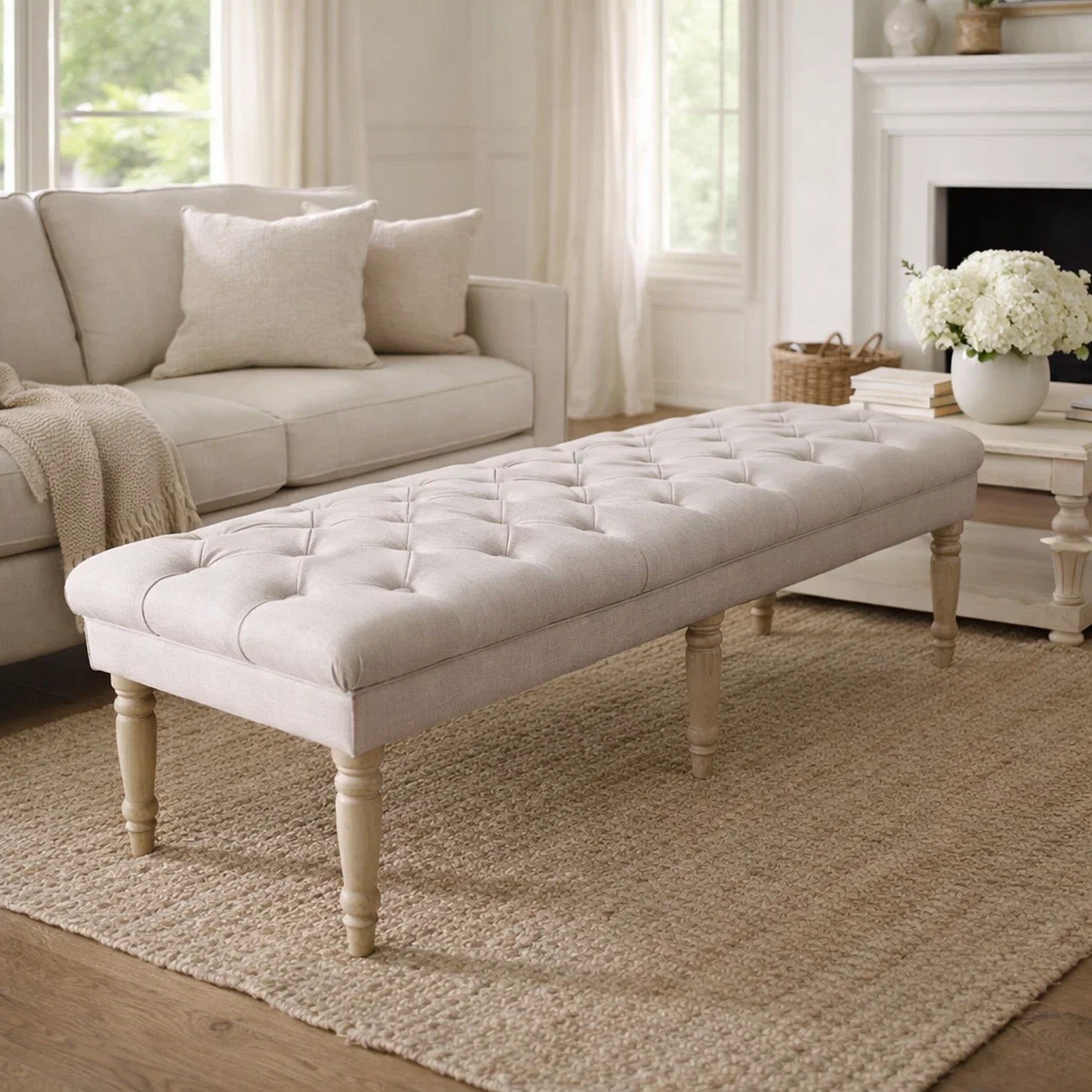 Benjara Wooden Bench with Button Tufted Fabric Upholstered Seat And Turned Legs, Cream