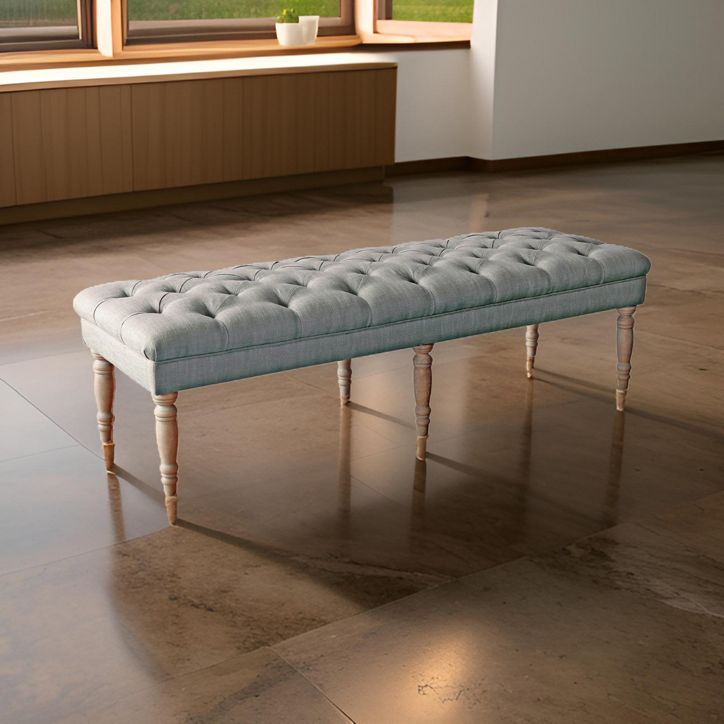 Benjara Wooden Bench with Button Tufted Fabric Upholstered Seat And Turned Legs, Gray