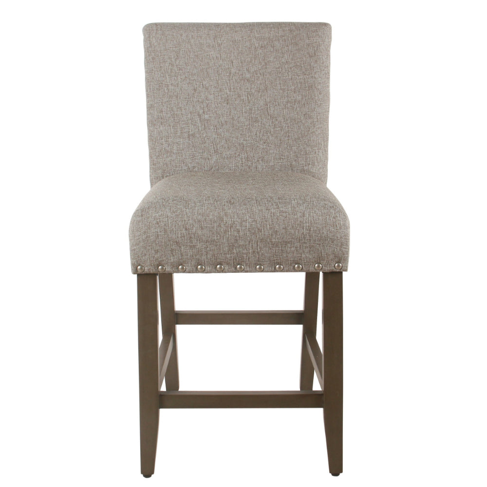 Benjara Fabric Upholstered Wooden Counter Stool with Striking Nail head Trims, Gray And Brown
