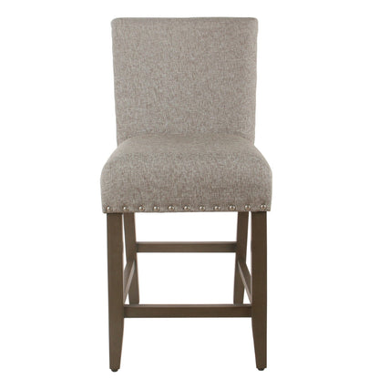 Benjara Fabric Upholstered Wooden Counter Stool with Striking Nail head Trims, Gray And Brown