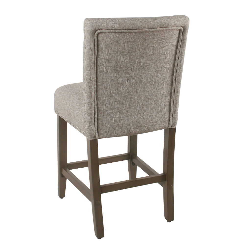 Benjara Fabric Upholstered Wooden Counter Stool with Striking Nail head Trims, Gray And Brown