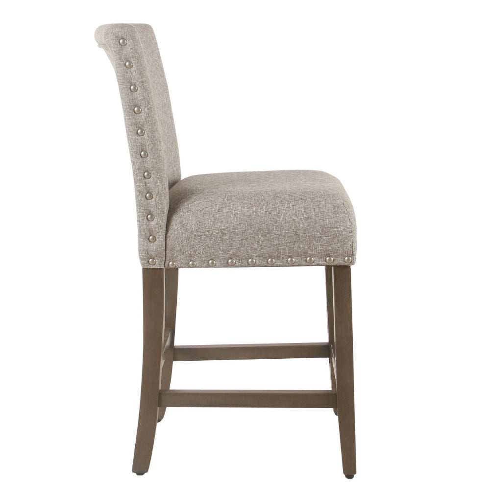 Benjara Fabric Upholstered Wooden Counter Stool with Striking Nail head Trims, Gray And Brown