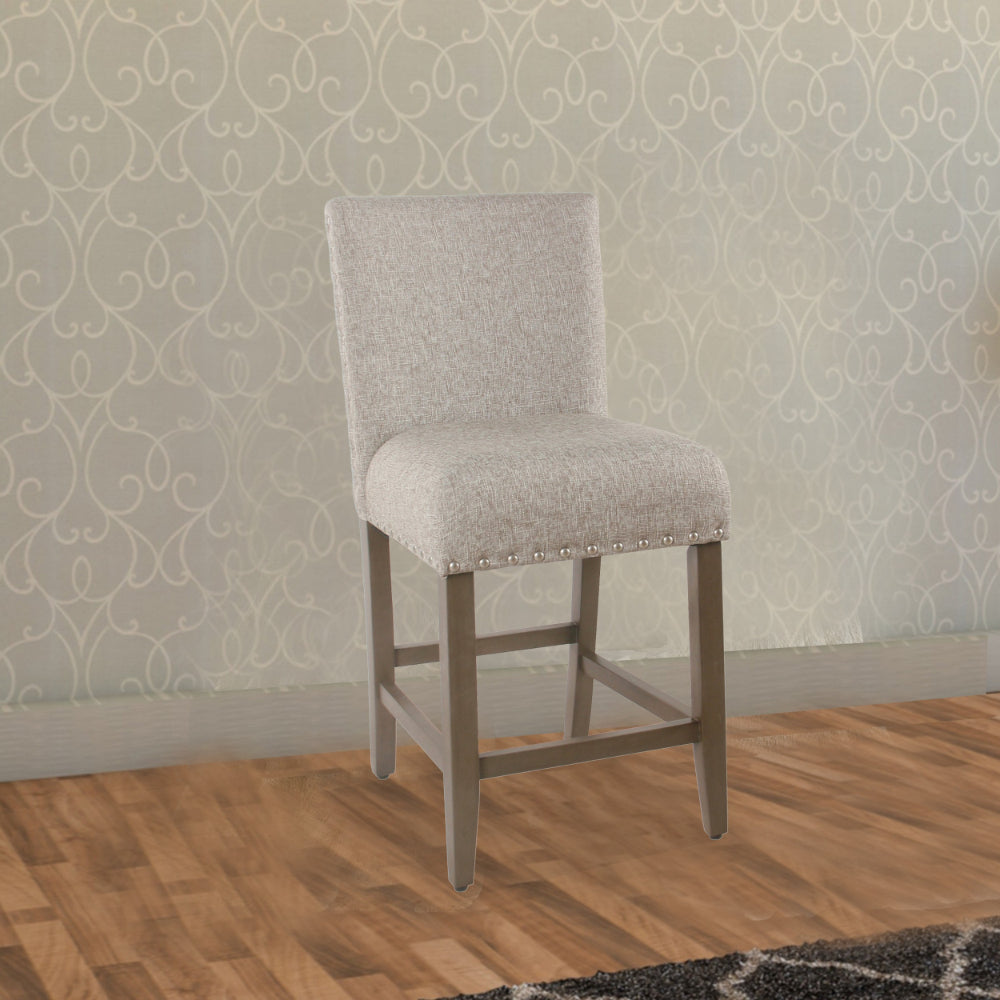 Benjara Fabric Upholstered Wooden Counter Stool with Striking Nail head Trims, Gray And Brown