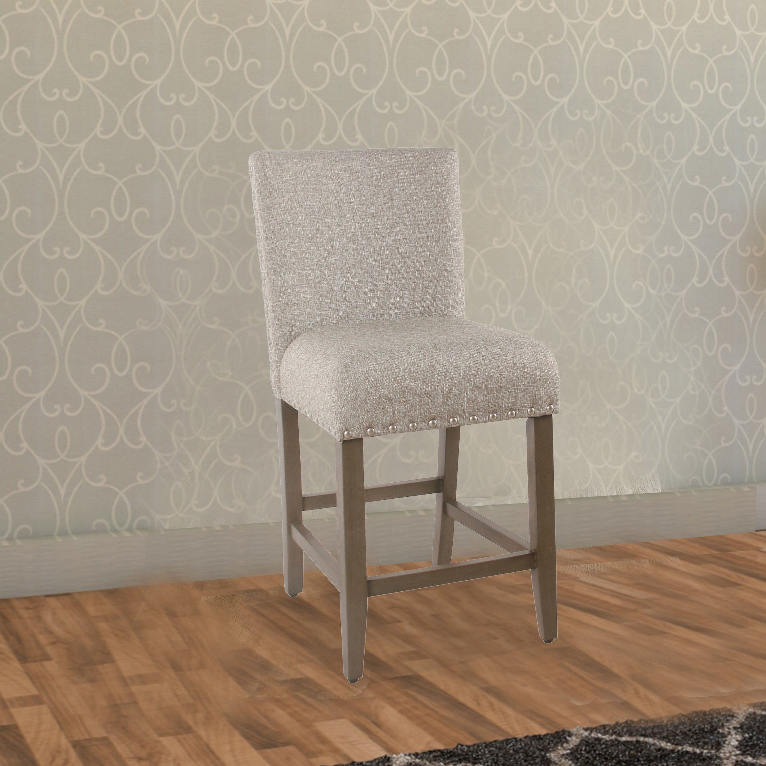 Benjara Fabric Upholstered Wooden Counter Stool with Striking Nail head Trims, Gray And Brown