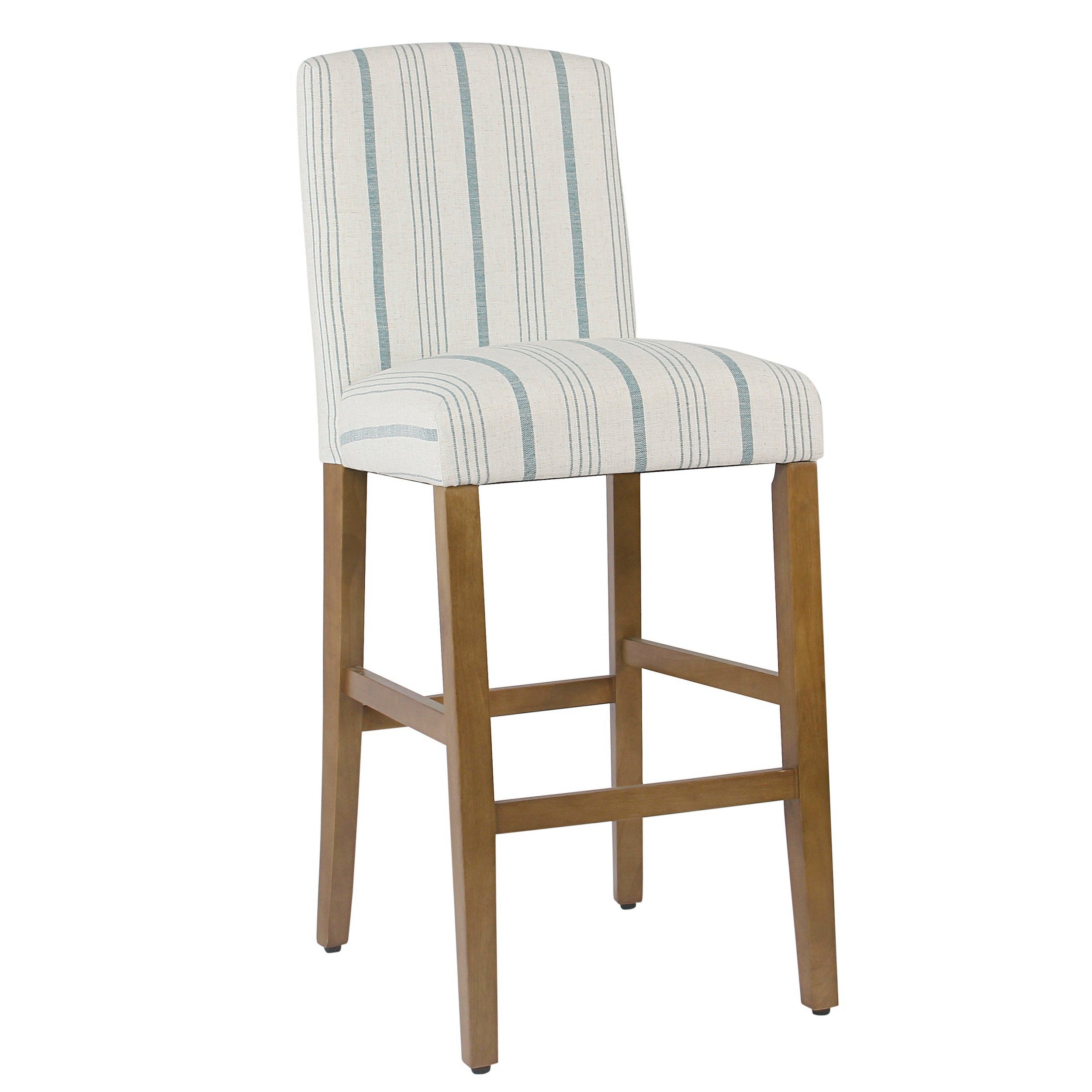 Benjara Fabric Upholstered Wooden Barstool with Striped Cushioned Seat, White And Blue