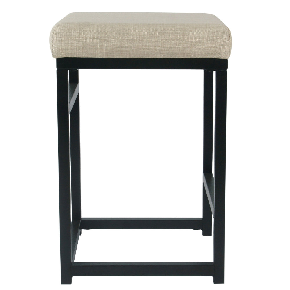 Benjara Open Back Metal Counter Stool with Fabric Upholstered Padded Seat, Beige And Black