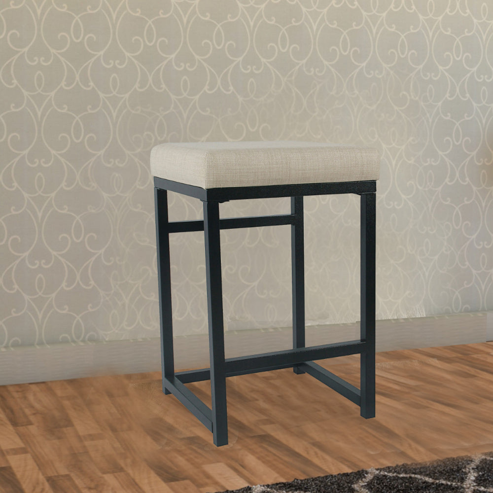 Benjara Open Back Metal Counter Stool with Fabric Upholstered Padded Seat, Beige And Black