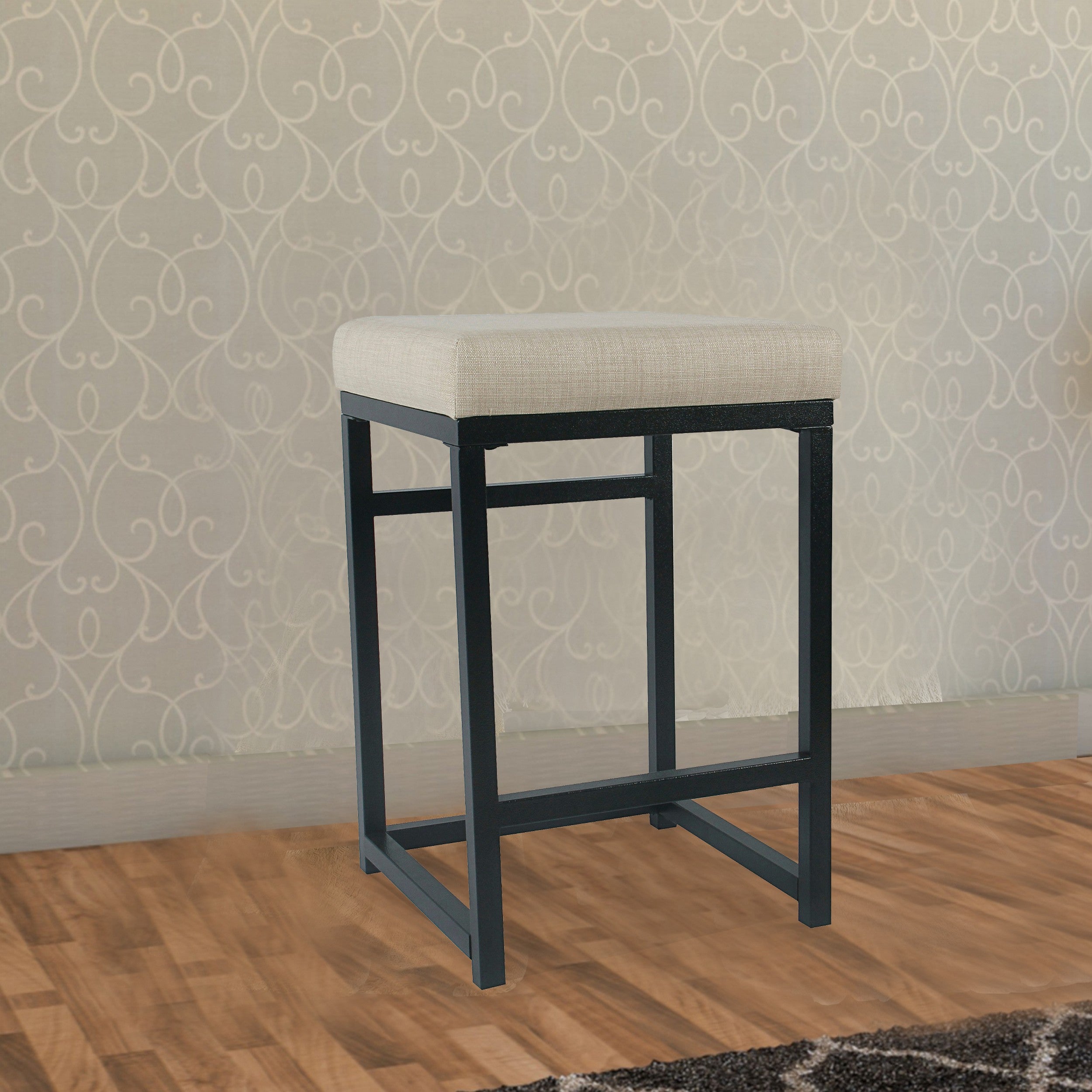 Benjara Open Back Metal Counter Stool with Fabric Upholstered Padded Seat, Beige And Black