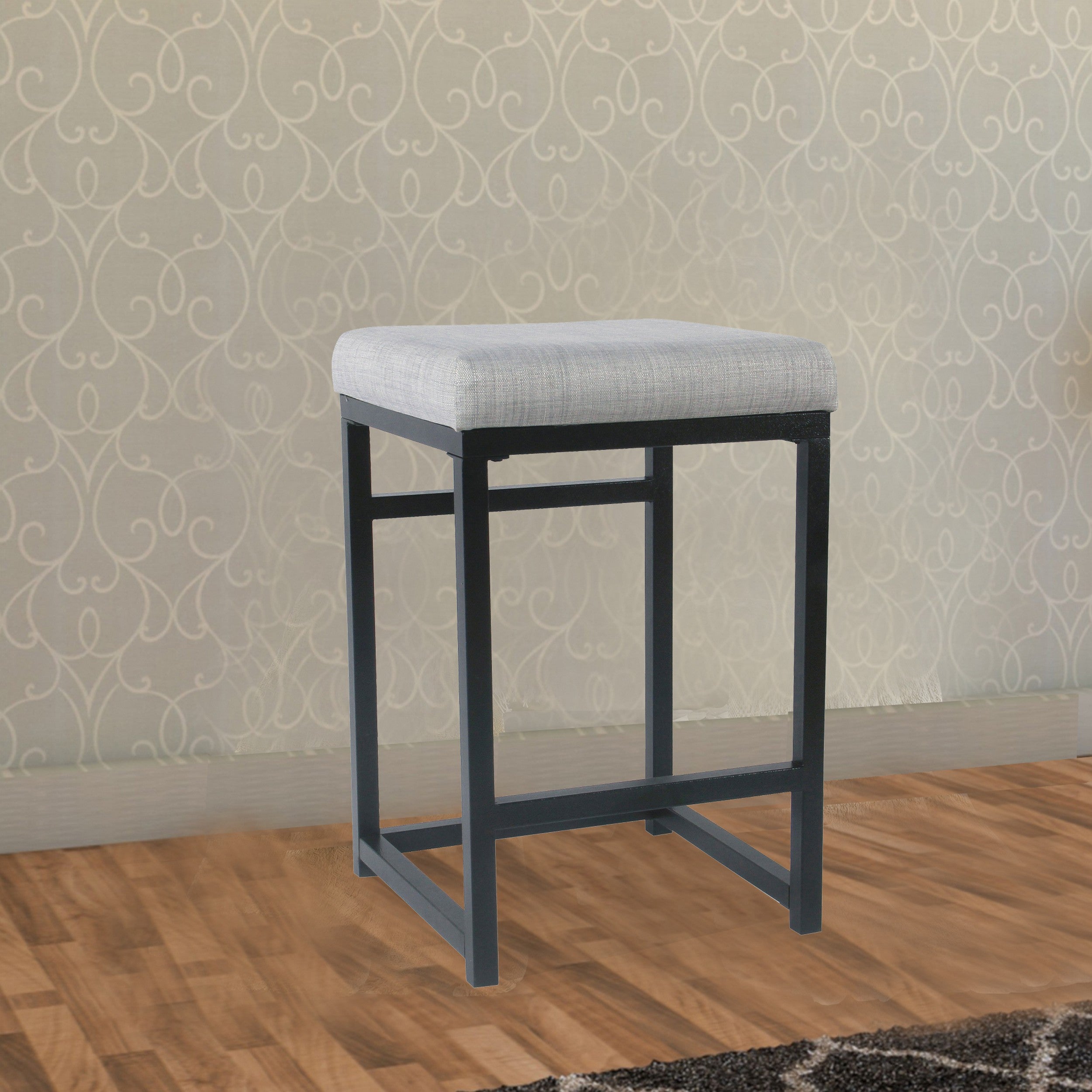 Benjara Open Back Metal Counter Stool with Fabric Upholstered Padded Seat, Gray And Black