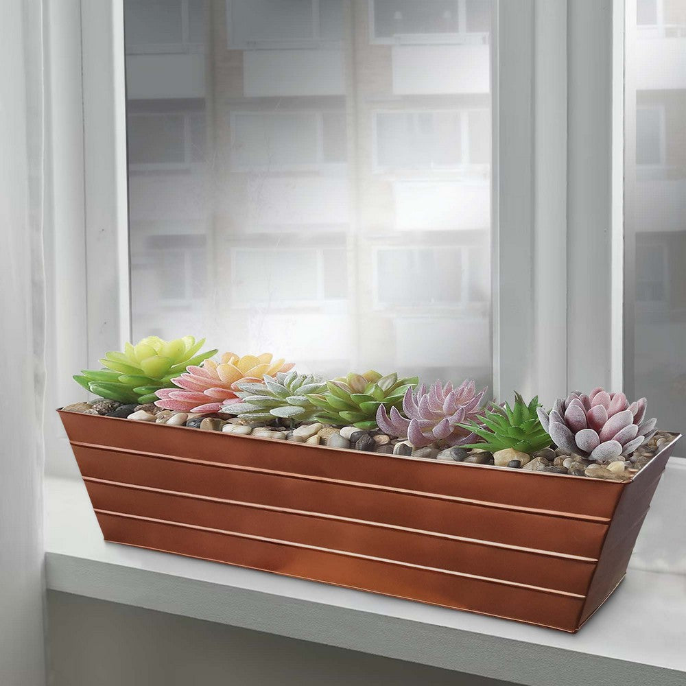 Benjara Rectangular Metal Flower Planter Box with Embossed Line Design, Large, Copper