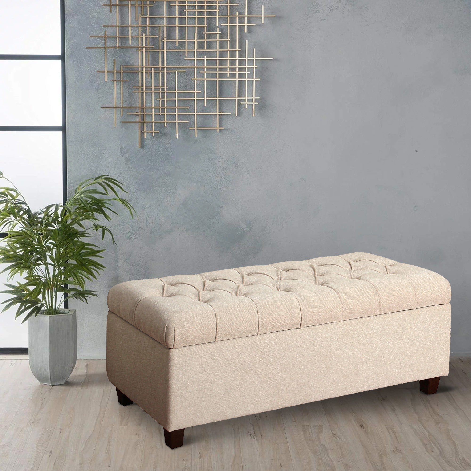 Benjara Fabric Upholstered Button Tufted Wooden Bench With Hinged Storage, Cream And Brown