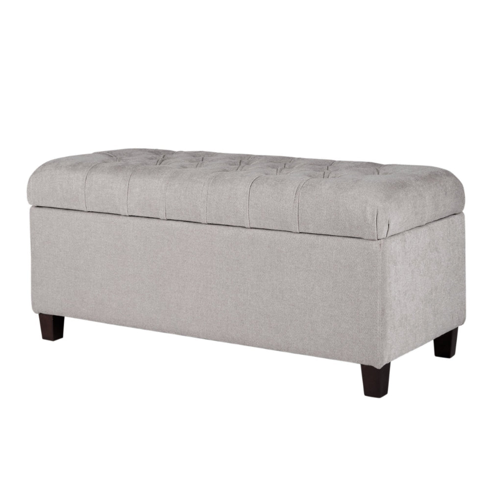 Benjara Fabric Upholstered Button Tufted Wooden Bench With Hinged Storage, Gray And Brown