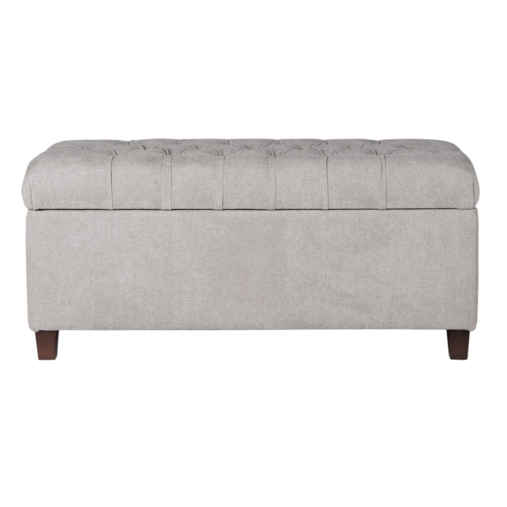 Benjara Fabric Upholstered Button Tufted Wooden Bench With Hinged Storage, Gray And Brown