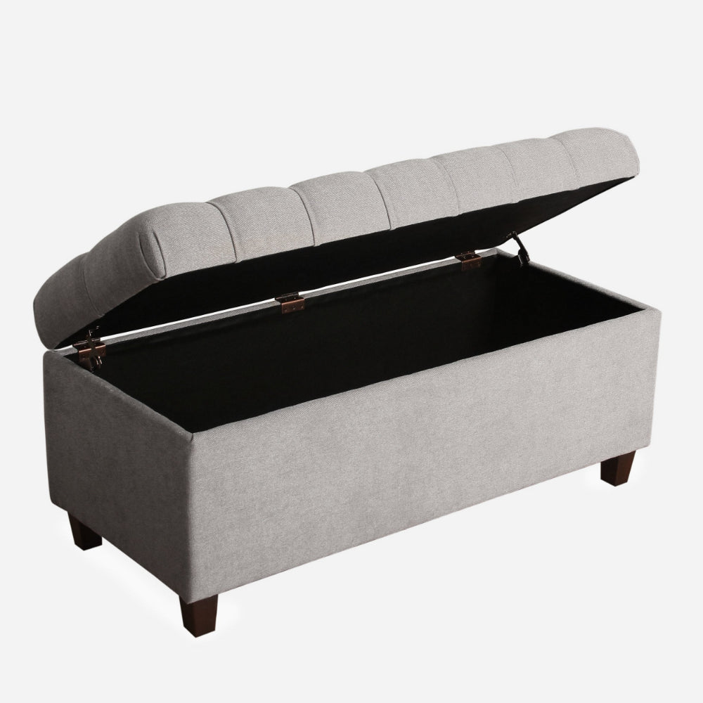 Benjara Fabric Upholstered Button Tufted Wooden Bench With Hinged Storage, Gray And Brown