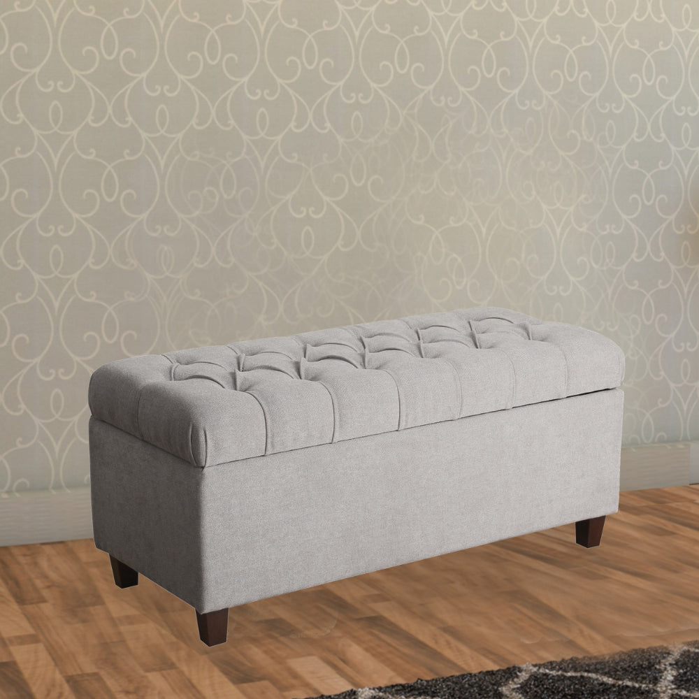 Benjara Fabric Upholstered Button Tufted Wooden Bench With Hinged Storage, Gray And Brown