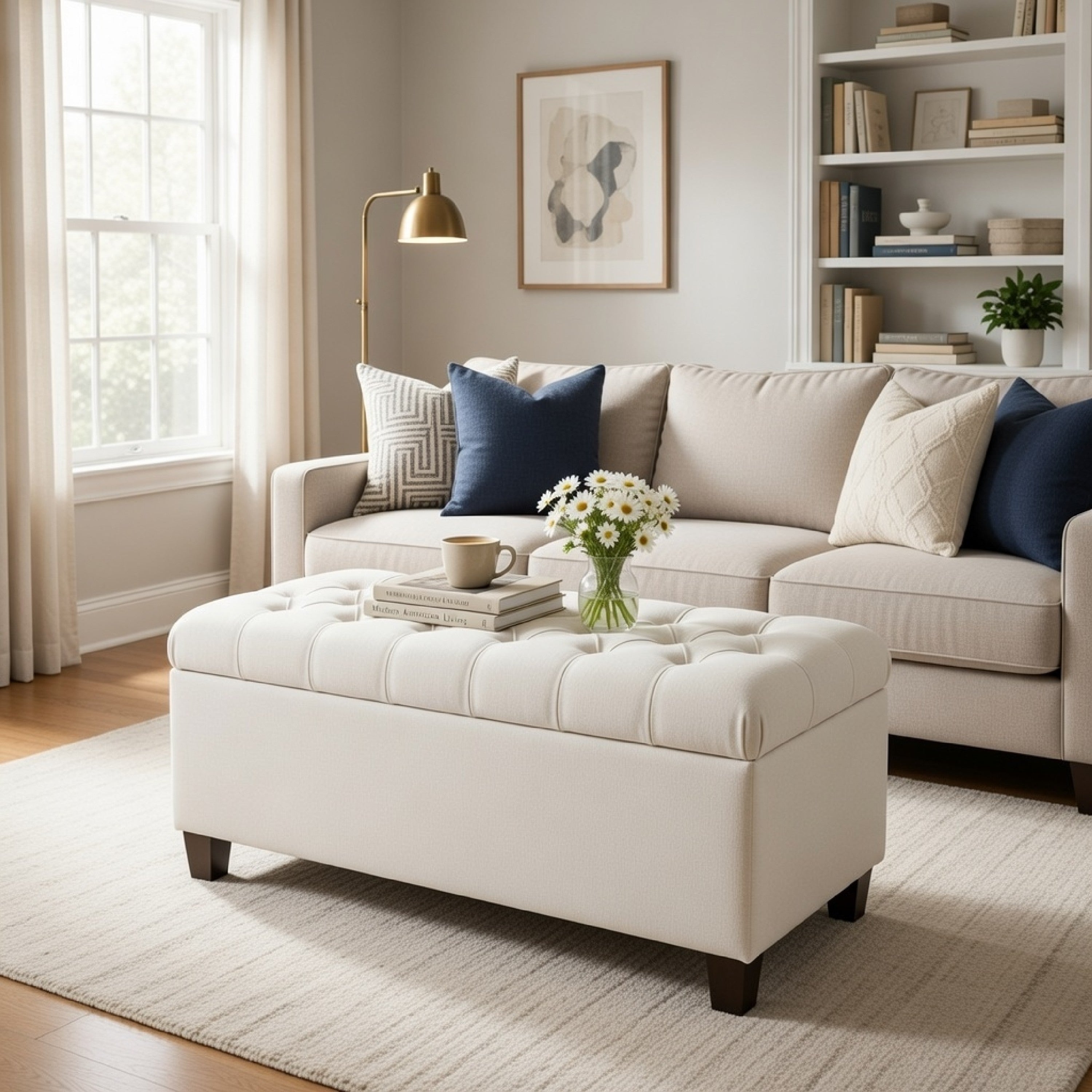 Benjara Fabric Upholstered Button Tufted Wooden Bench With Hinged Storage, White And Brown