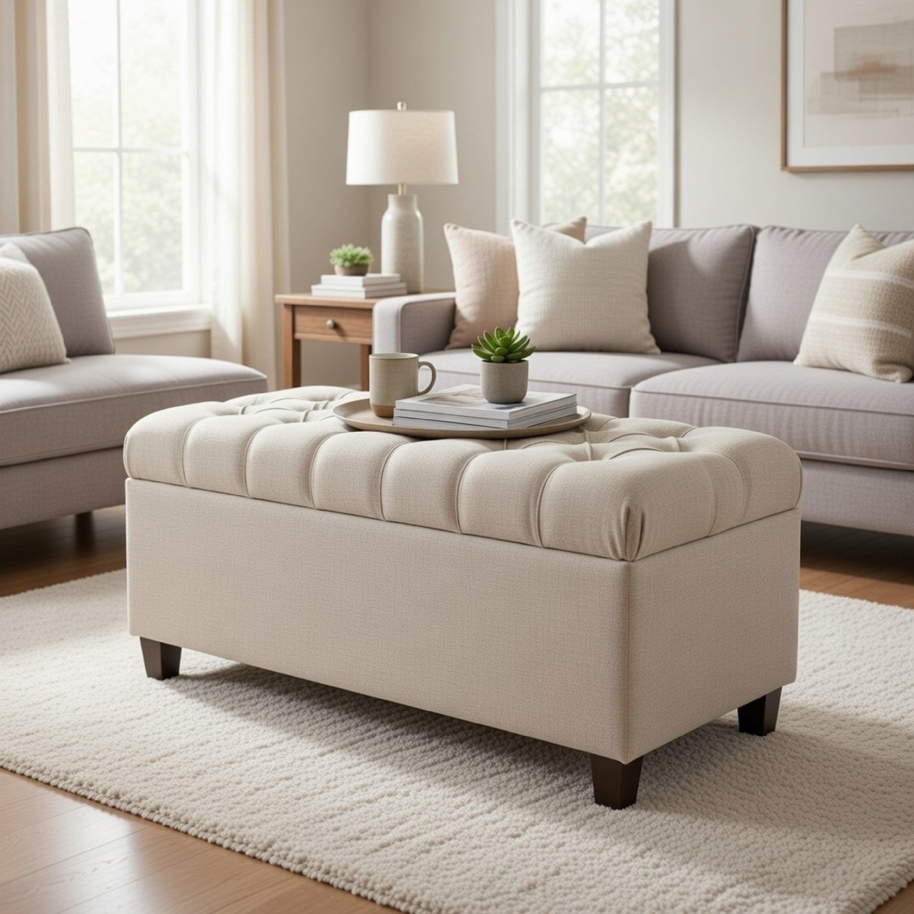 Benjara Fabric Upholstered Button Tufted Wooden Bench With Hinged Storage, Beige And Brown