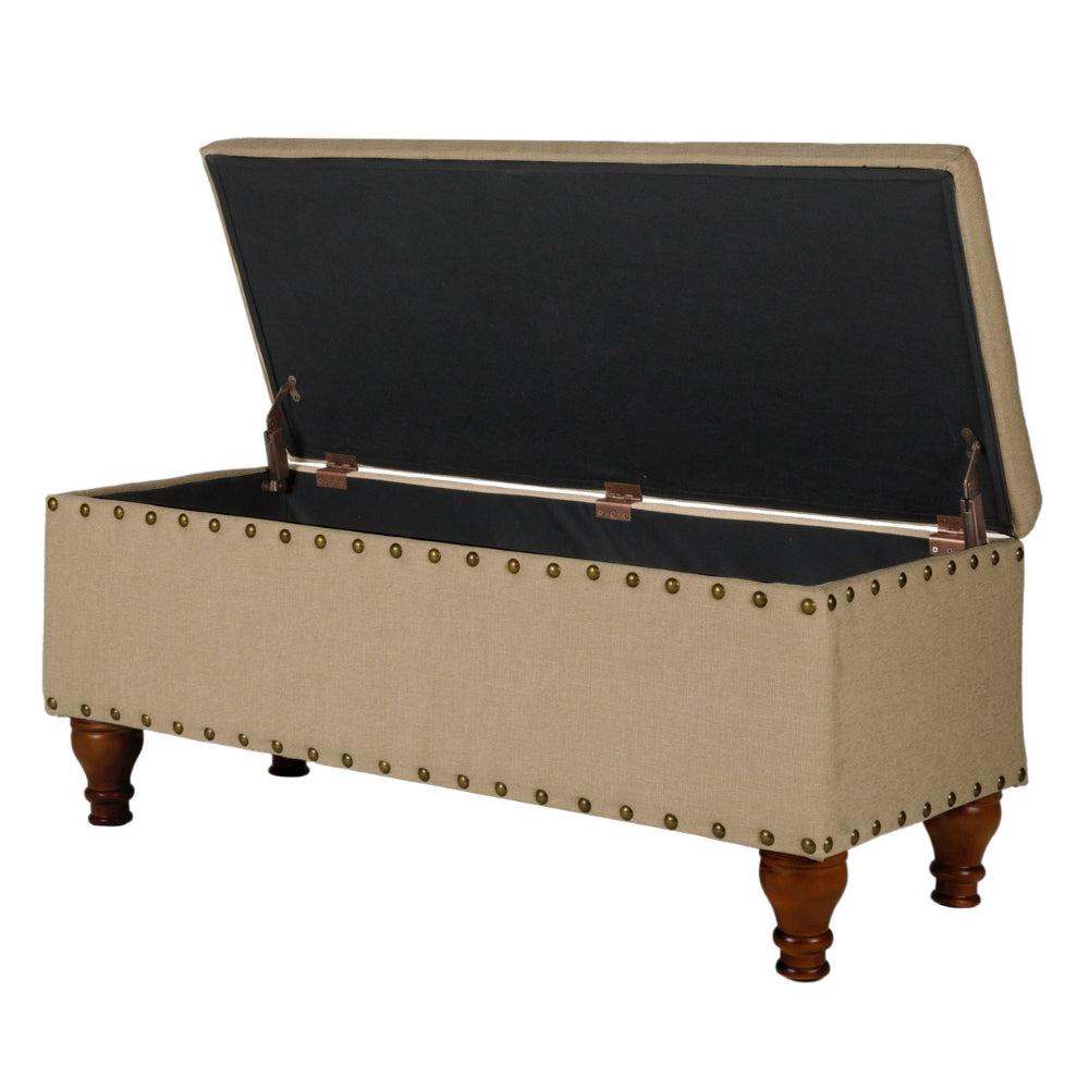 Benjara Fabric Upholstered Wooden Storage Bench With Nail head Trim, Large, Tan Brown