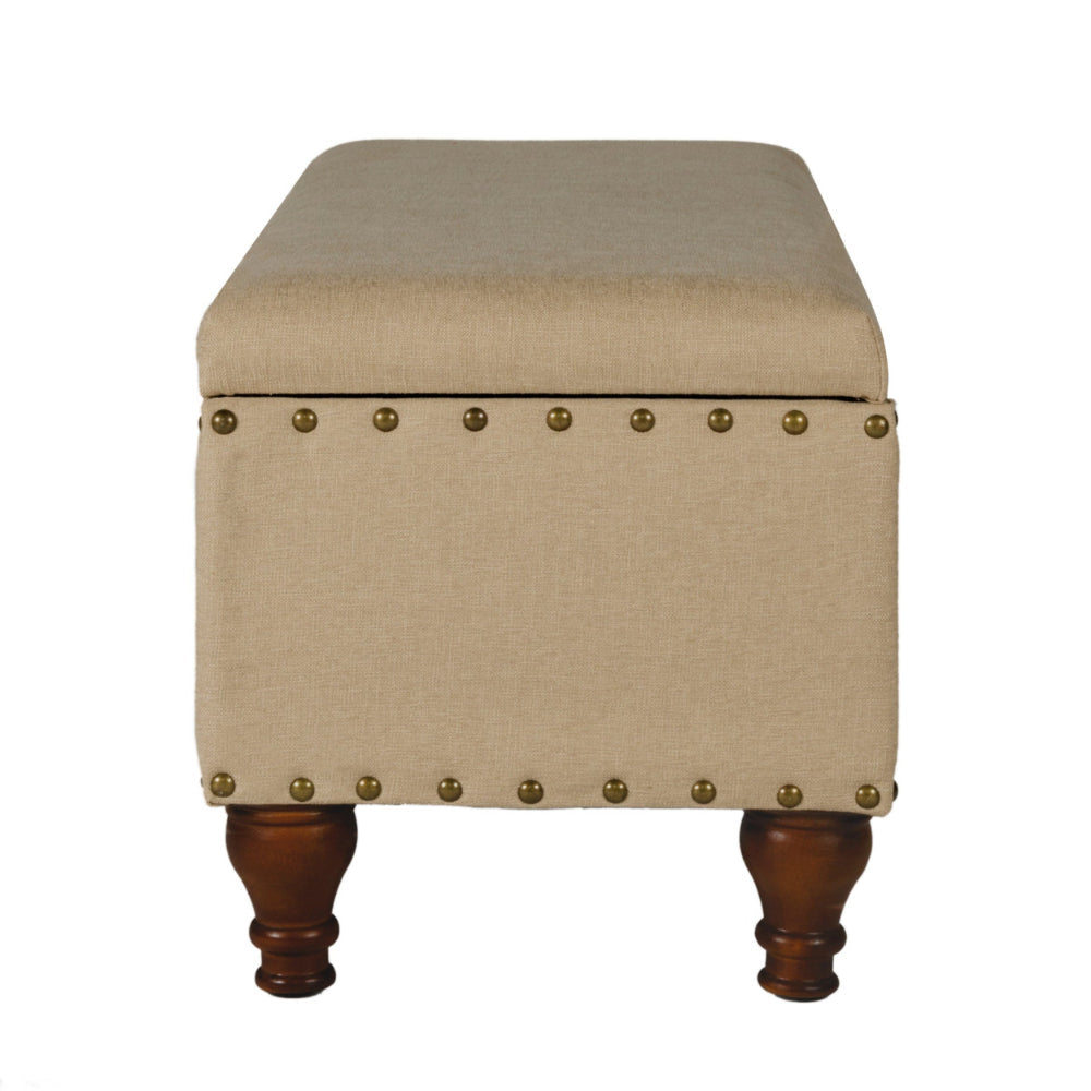 Benjara Fabric Upholstered Wooden Storage Bench With Nail head Trim, Large, Tan Brown