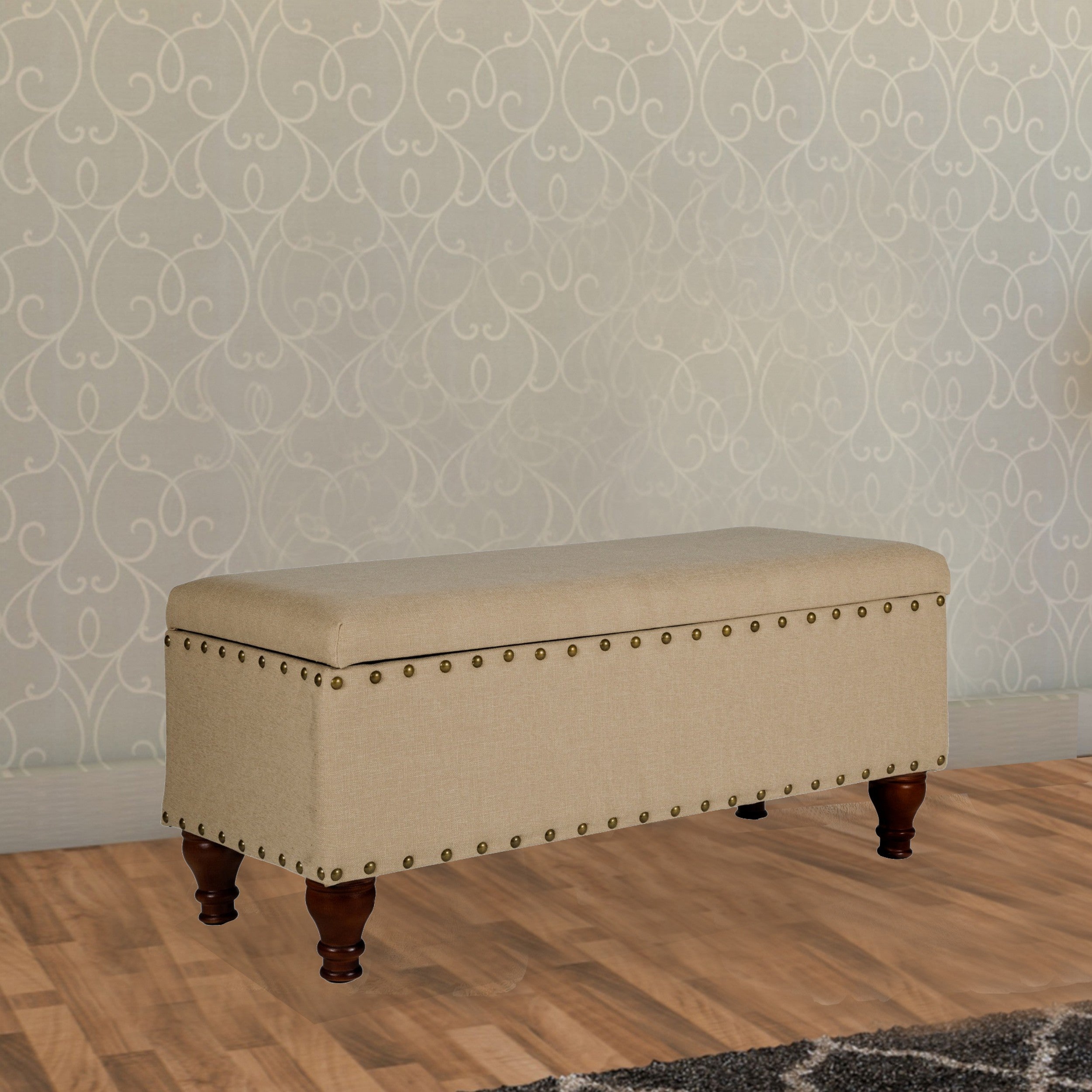 Benjara Fabric Upholstered Wooden Storage Bench With Nail head Trim, Large, Tan Brown
