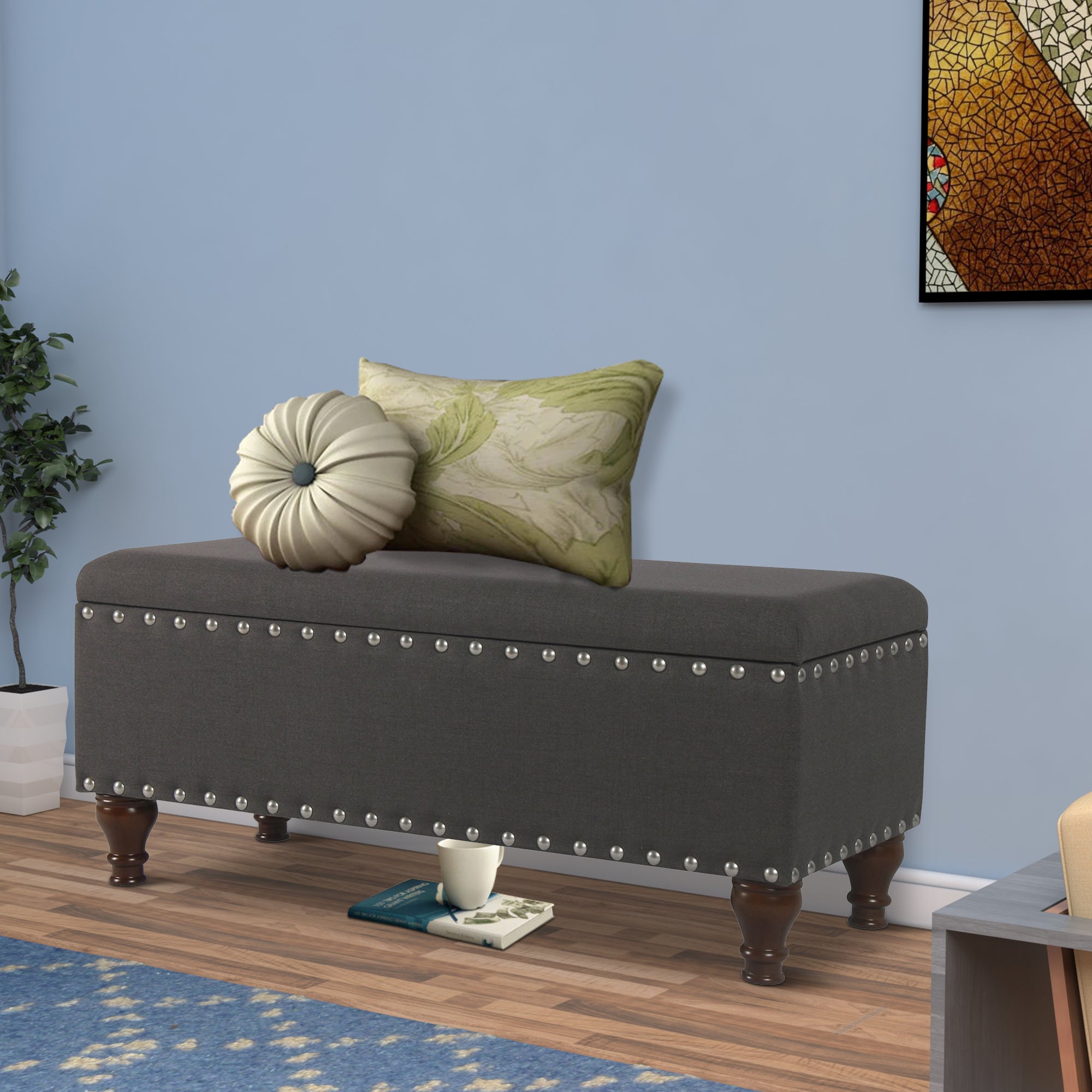 Benjara Fabric Upholstered Wooden Storage Bench With Nail head Trim, Large, Dark Gray And Brown