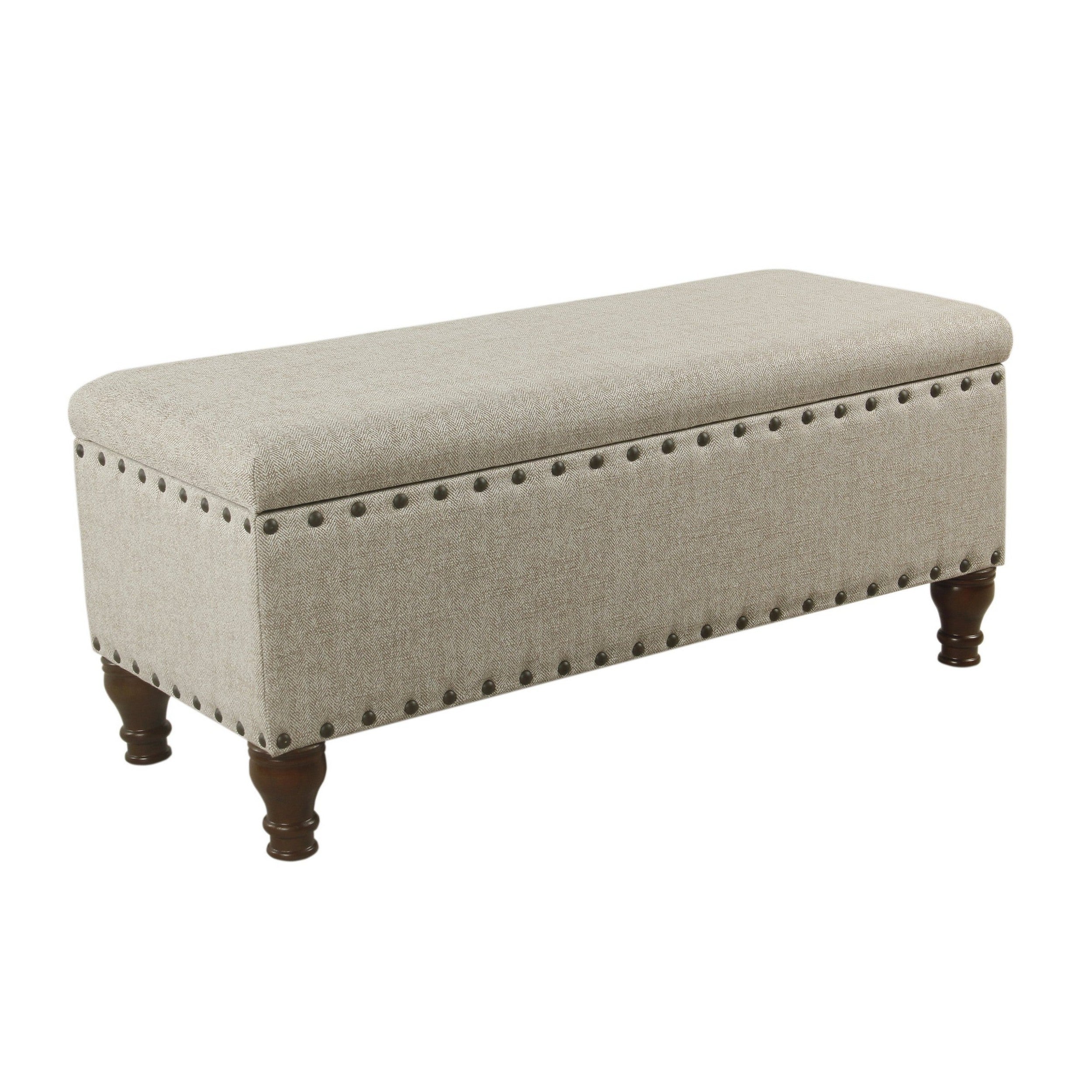 Benjara Textured Fabric Upholstered Wooden Storage Bench With Nail head Trim, Large, Beige And Brown