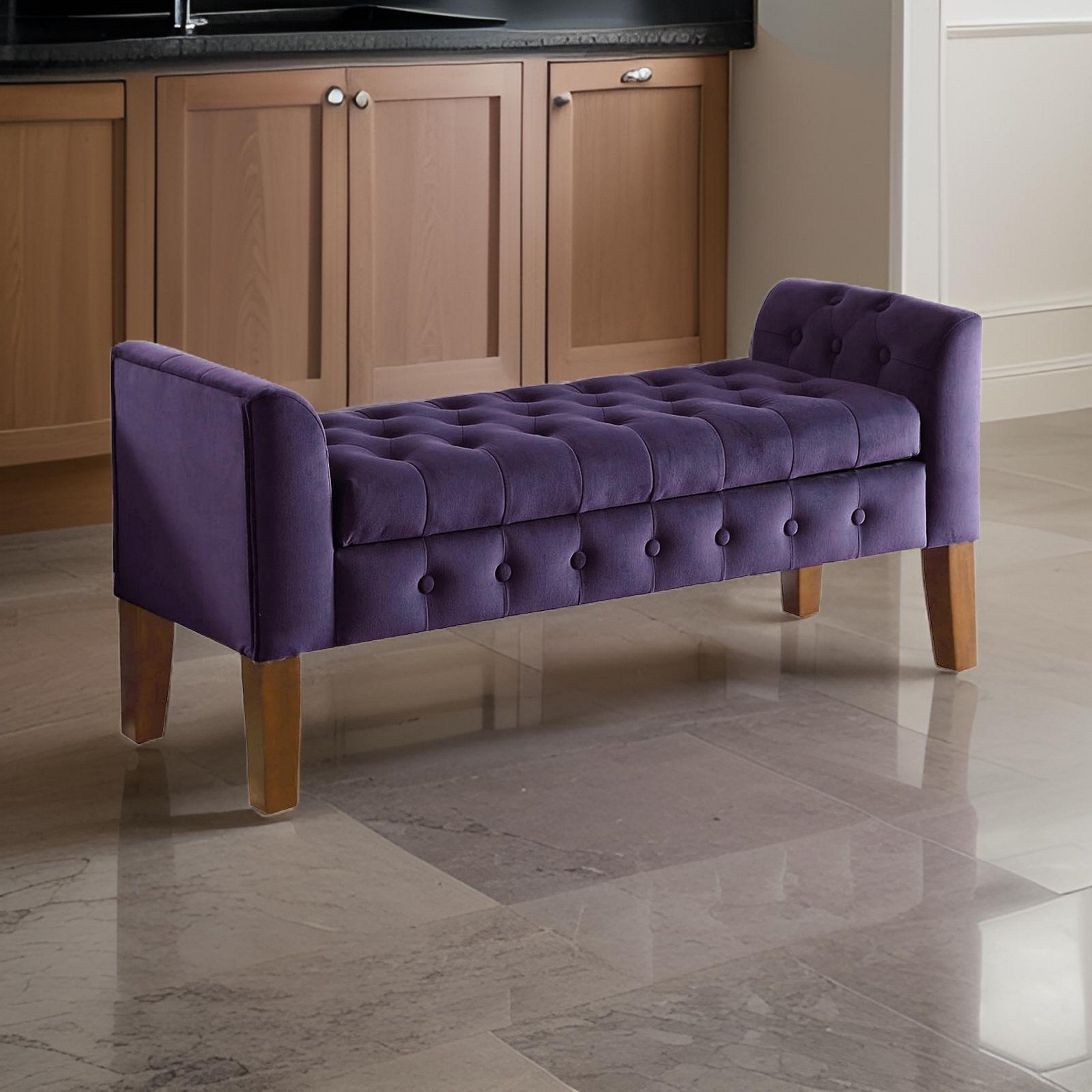 Benjara Velvet Upholstered Button Tufted Wooden Bench Settee With Hinged Storage, Purple And Brown