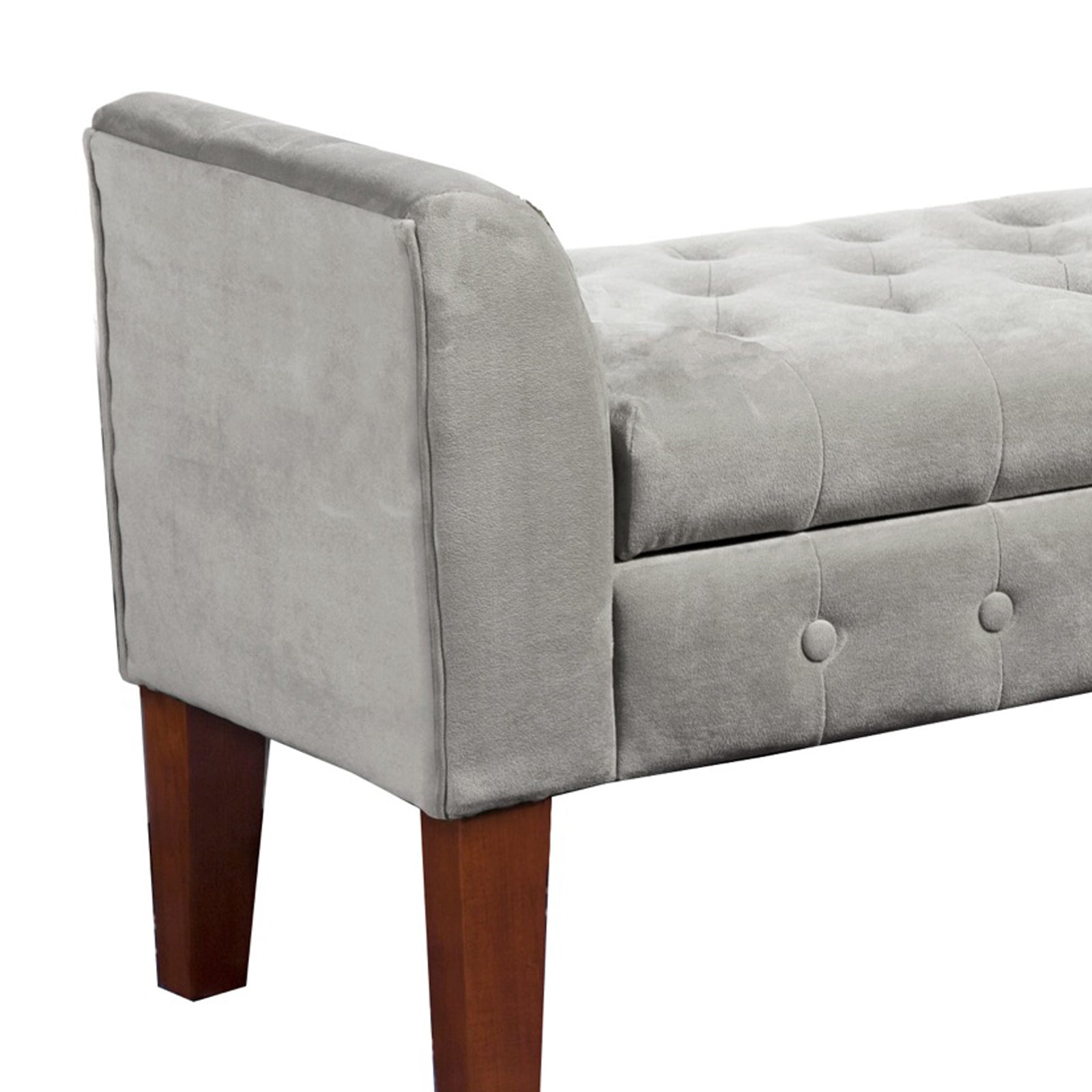 Benjara Velvet Upholstered Button Tufted Wooden Bench Settee With Hinged Storage, Gray And Brown