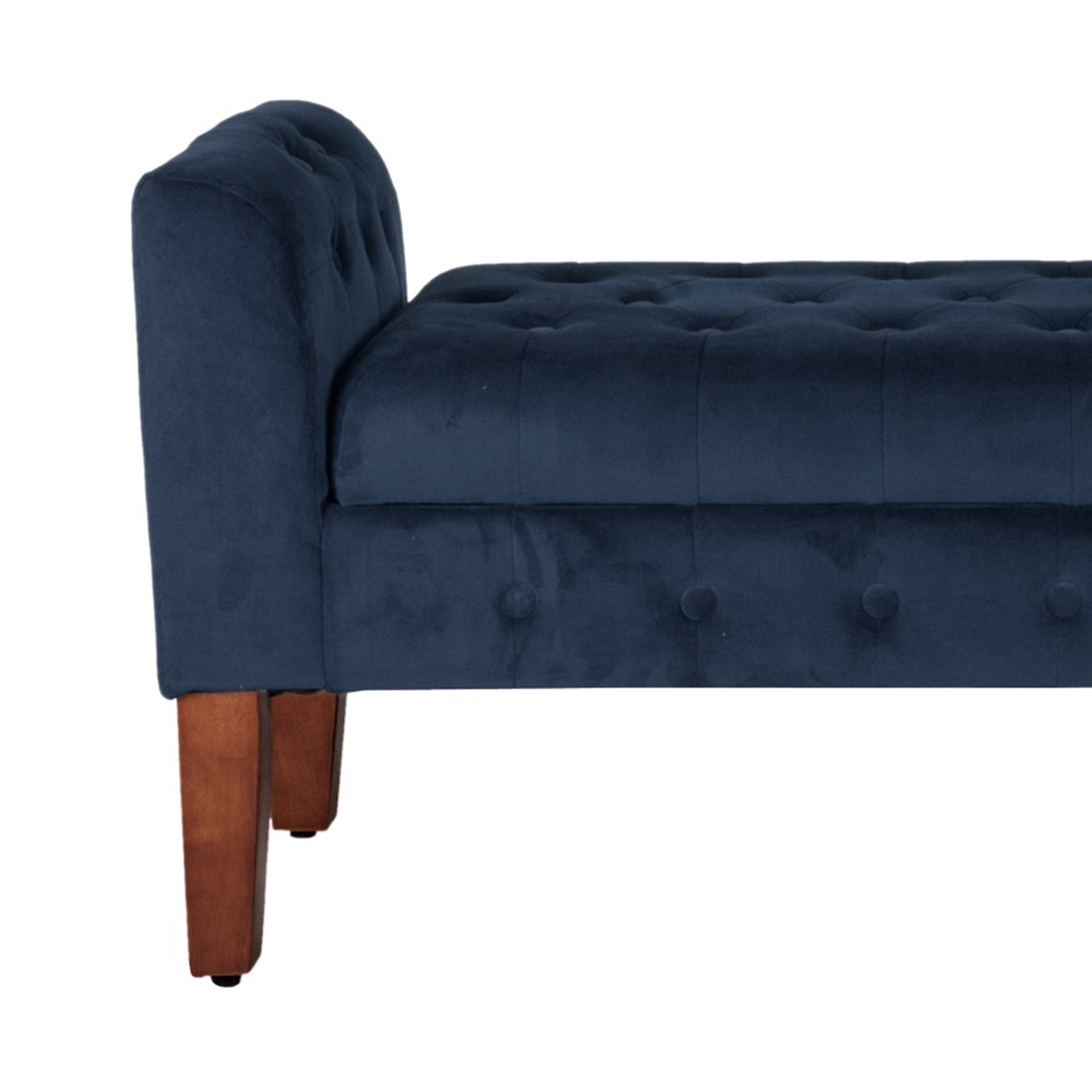Benjara Velvet Upholstered Button Tufted Wooden Bench Settee With Hinged Storage, Dark Blue And Brown