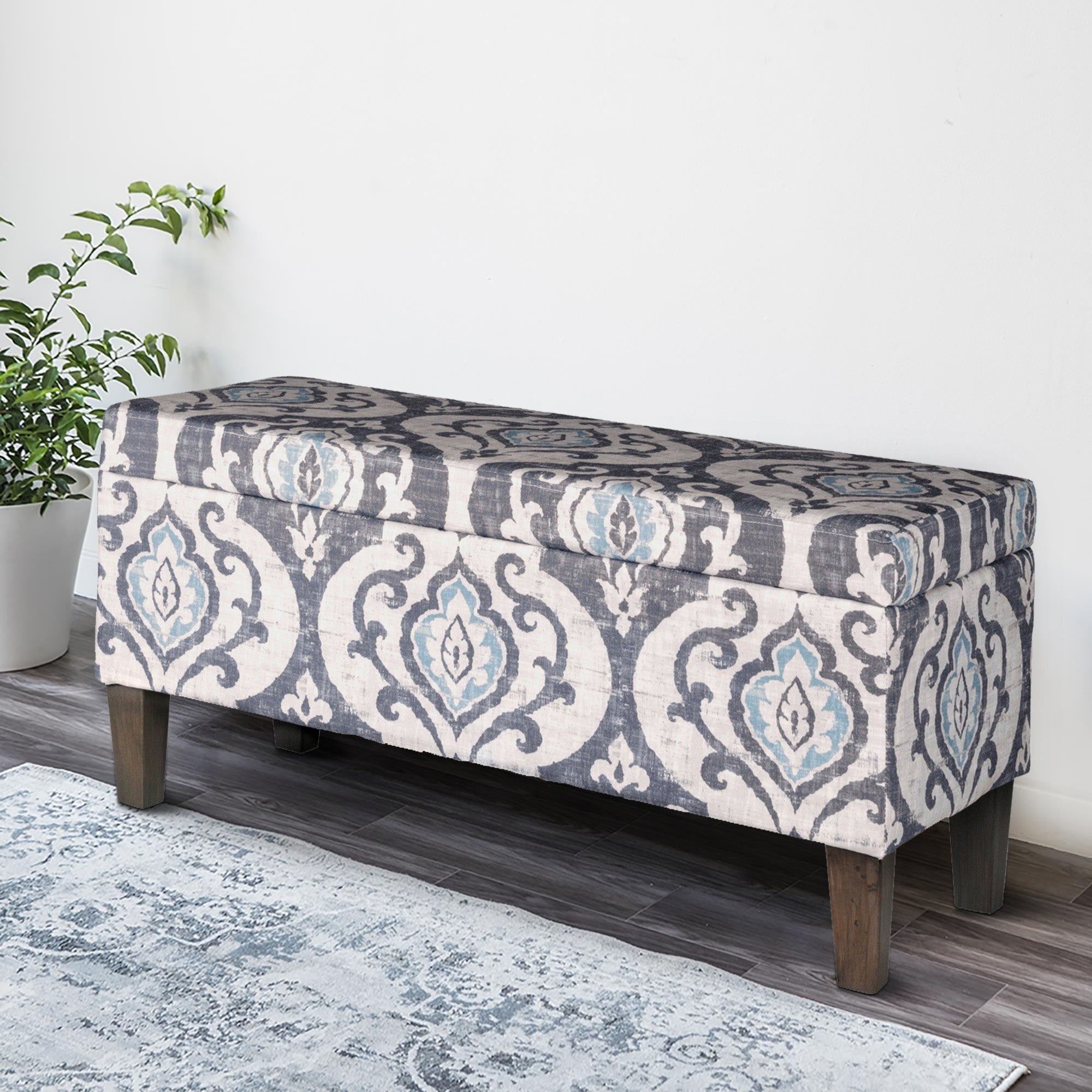 Benjara Damask Patterned Fabric Upholstered Wooden Bench With Hinged Storage, Large, Multicolor