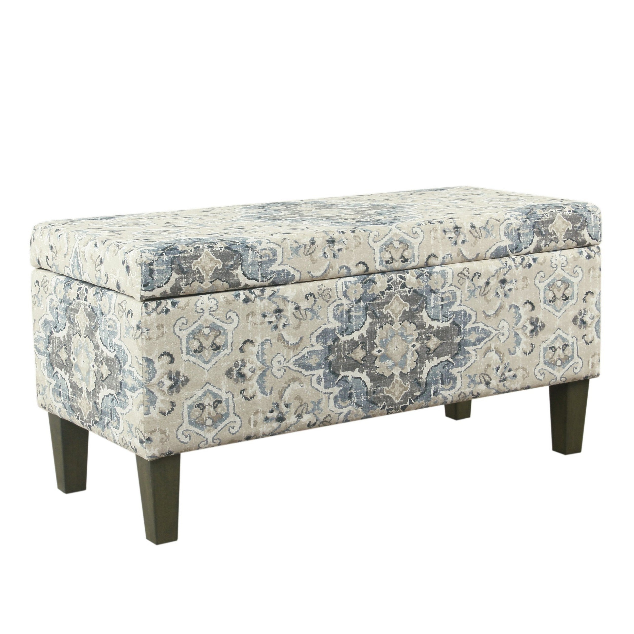 Benjara Medallion Print Fabric Upholstered Wooden Bench With Hinged Storage, Large, Blue And Cream