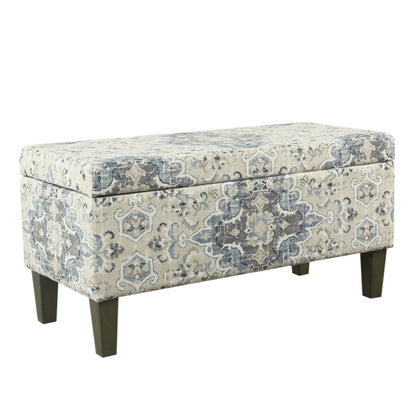 Benjara Medallion Print Fabric Upholstered Wooden Bench With Hinged Storage, Large, Blue And Cream