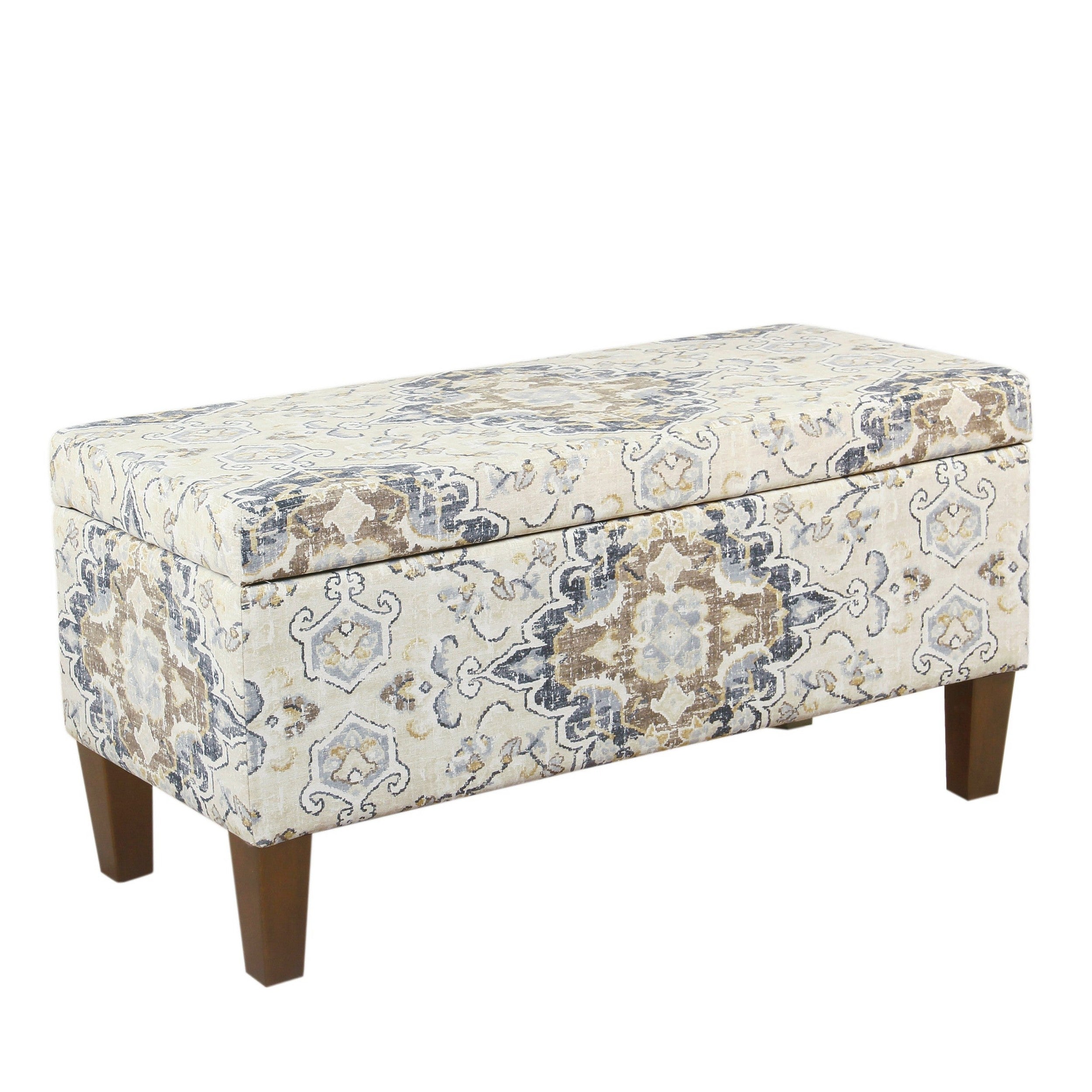 Benjara Medallion Print Fabric Upholstered Wooden Bench With Hinged Storage, Large, Brown And Cream