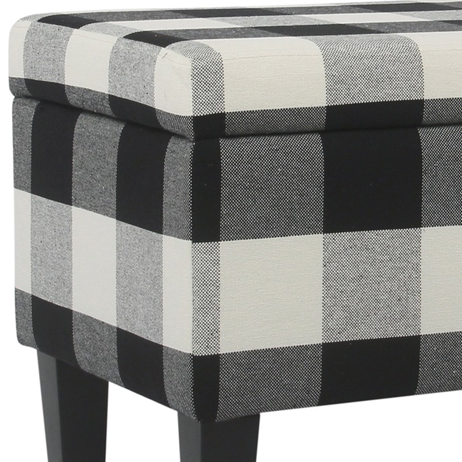 Benjara Checkered Pattern Fabric Upholstered Storage Bench With Tapered Wood Legs, Large, Black And White