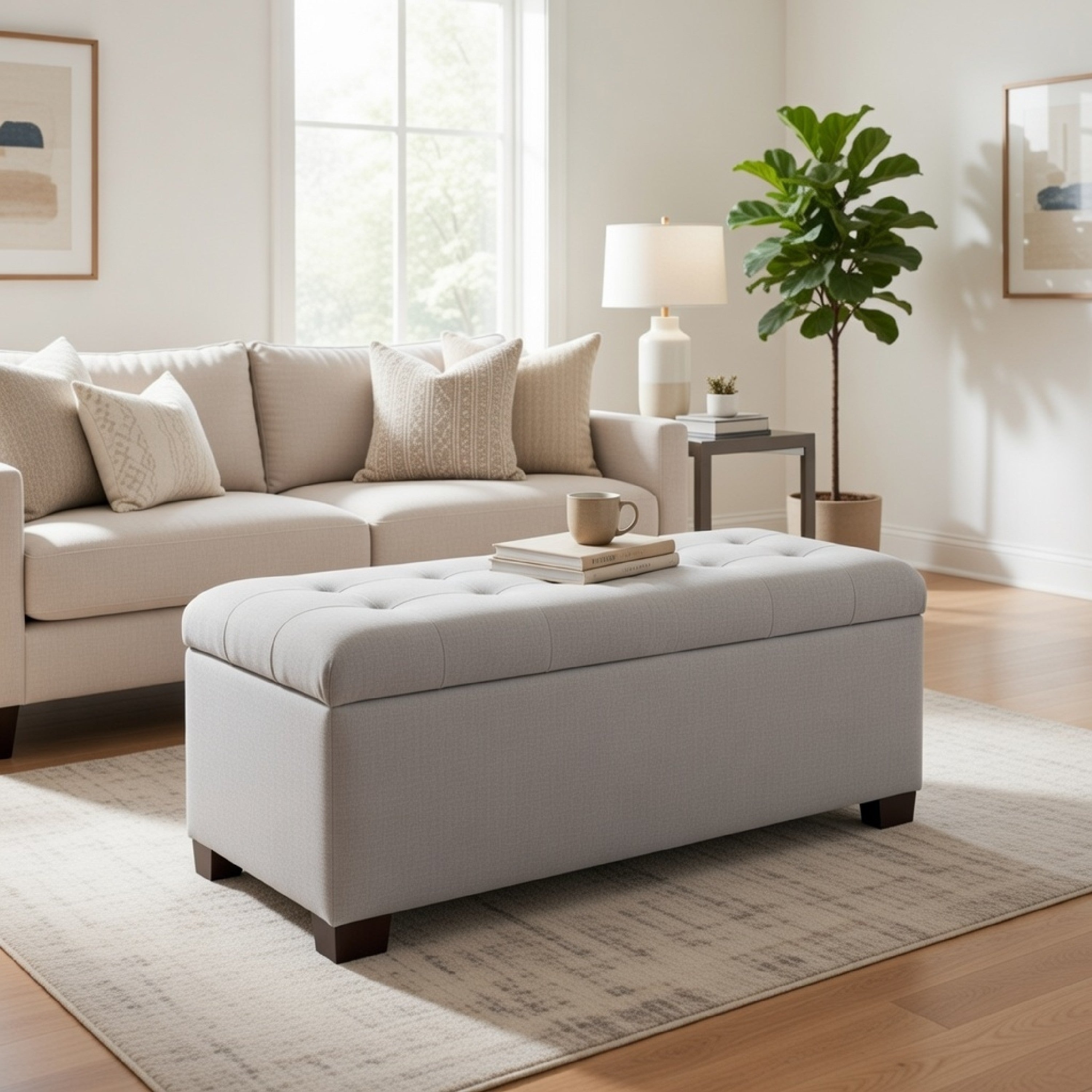 Benjara Polyester Upholstery Bench With Button Tufted Hinged Lid Storage And Wood Feet, Large, Light Gray