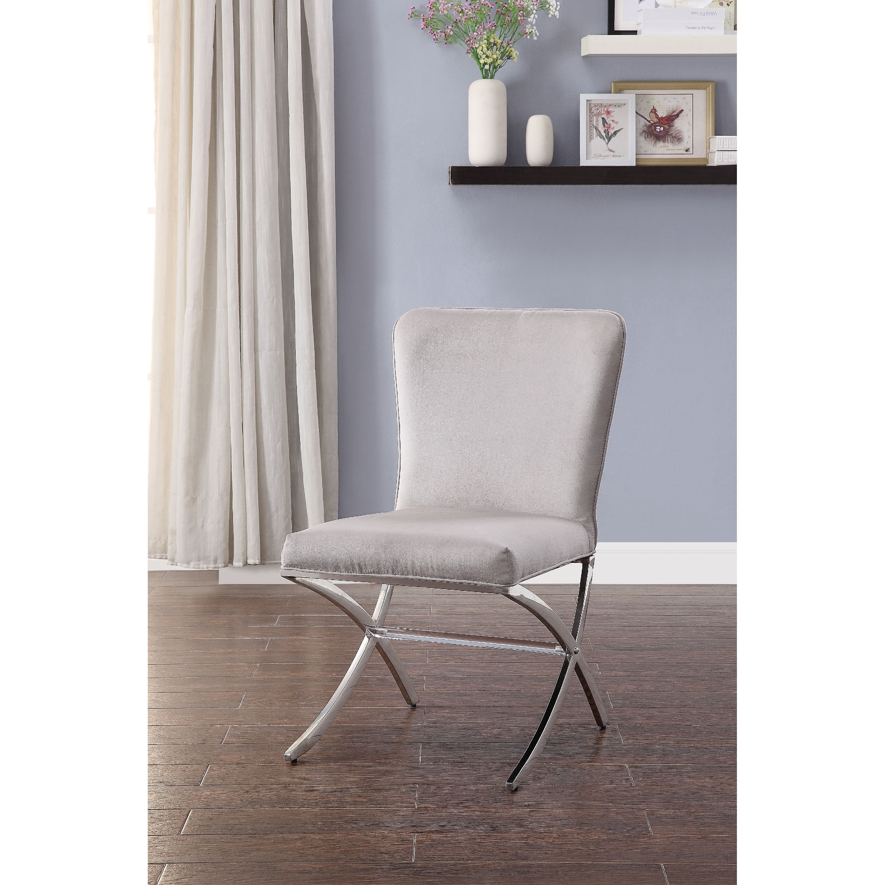 Benjara Velvet Upholstered Metal Side Chair with X Style Base, Light Gray And Silver, Set of Two
