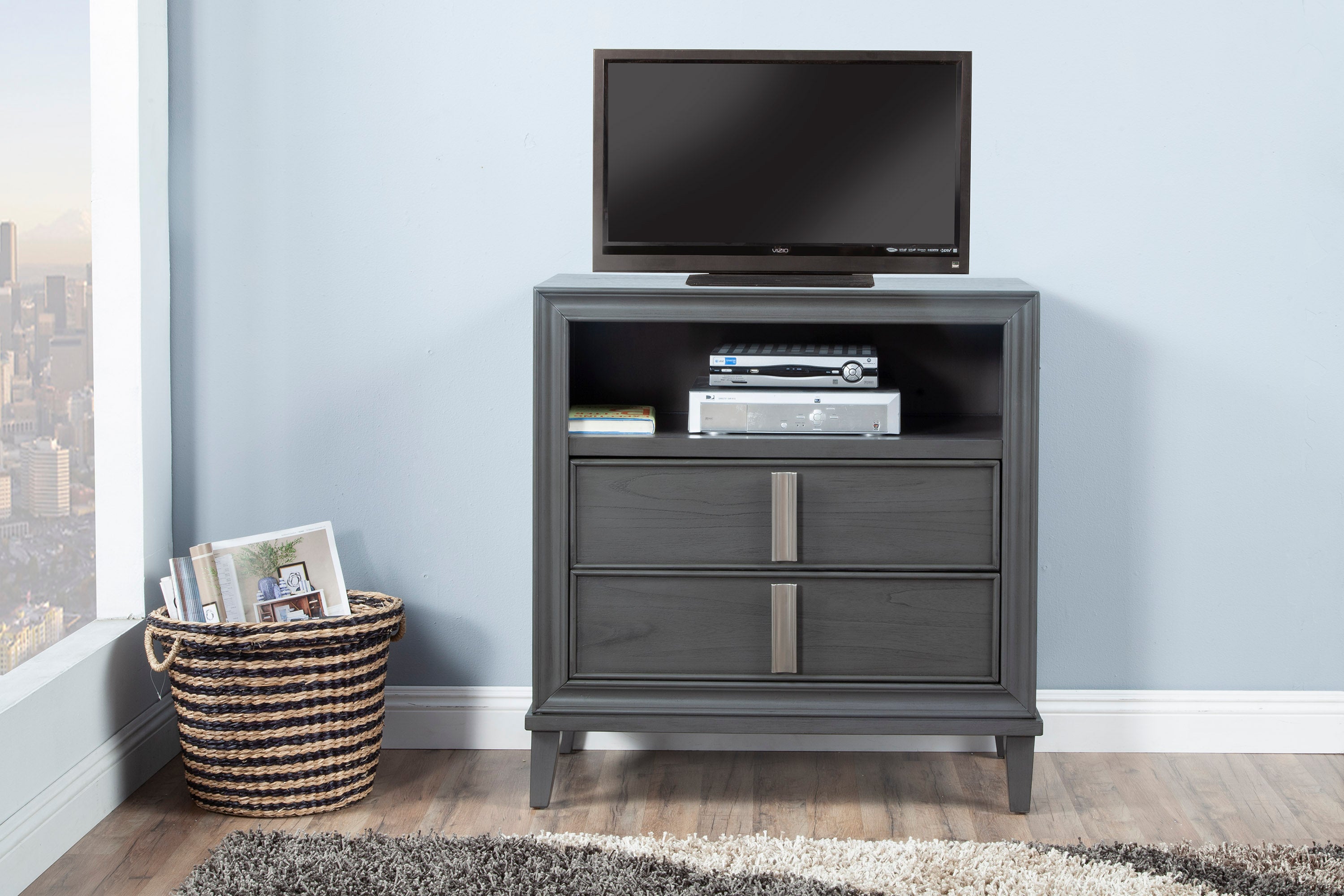 Benjara Transitional Style Wooden Media Chest With Two Drawers And One Open Shelf, Gray