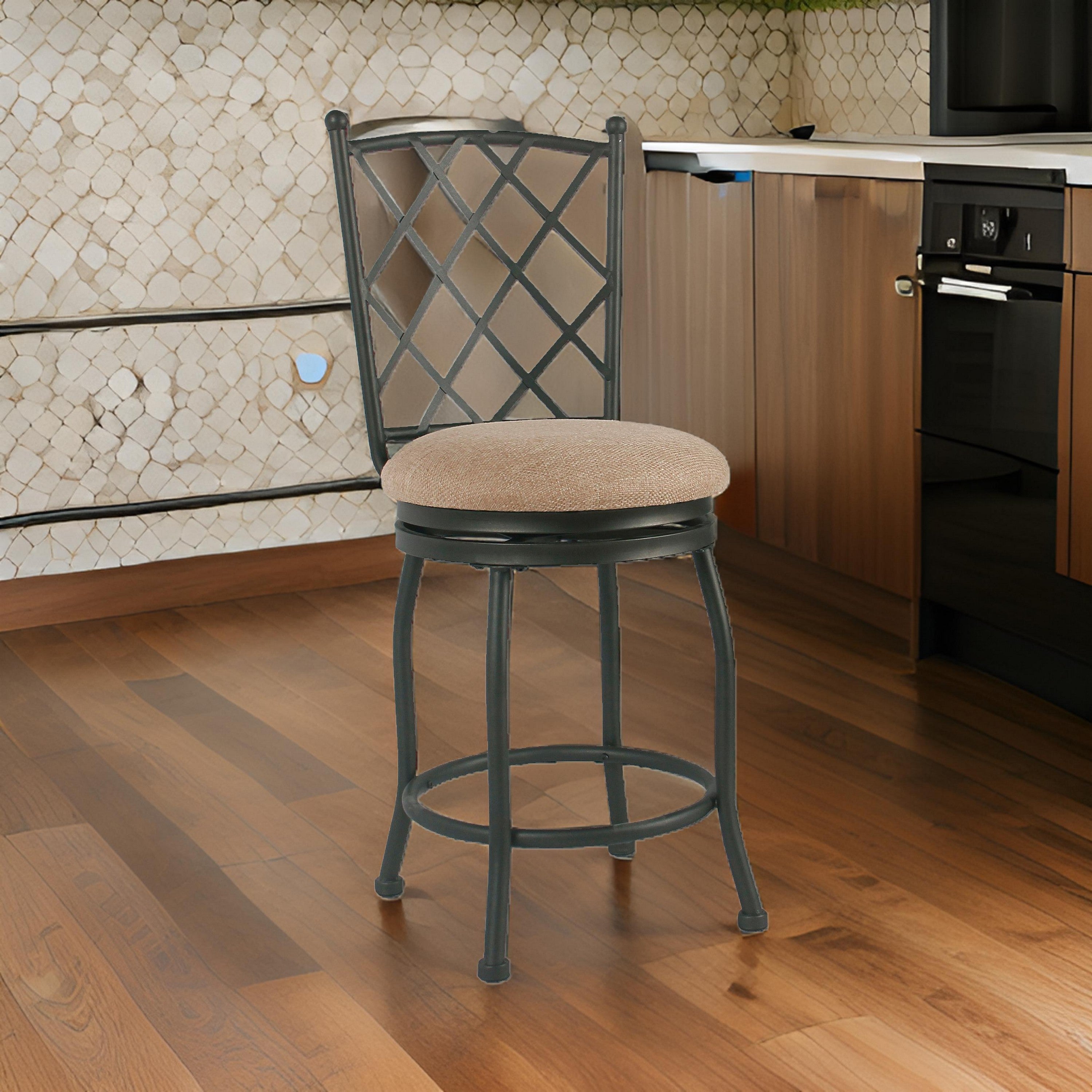 Benjara Metal Framed Counter Stool with Fabric Upholstered seat And Designer Back, Beige And Black