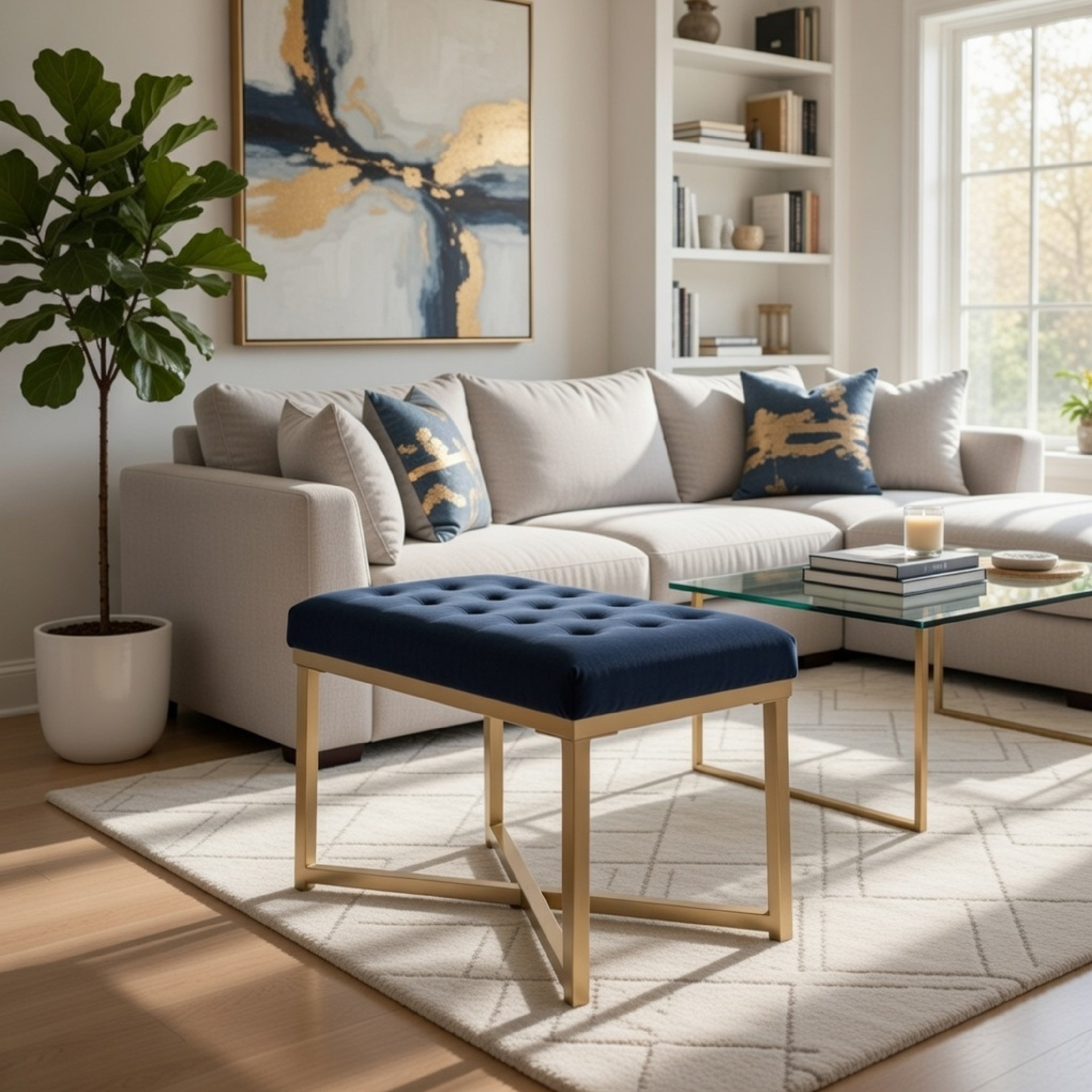 Benjara Metal Framed Bench with Button Tufted Velvet Upholstered Seat, Dark Blue And Gold