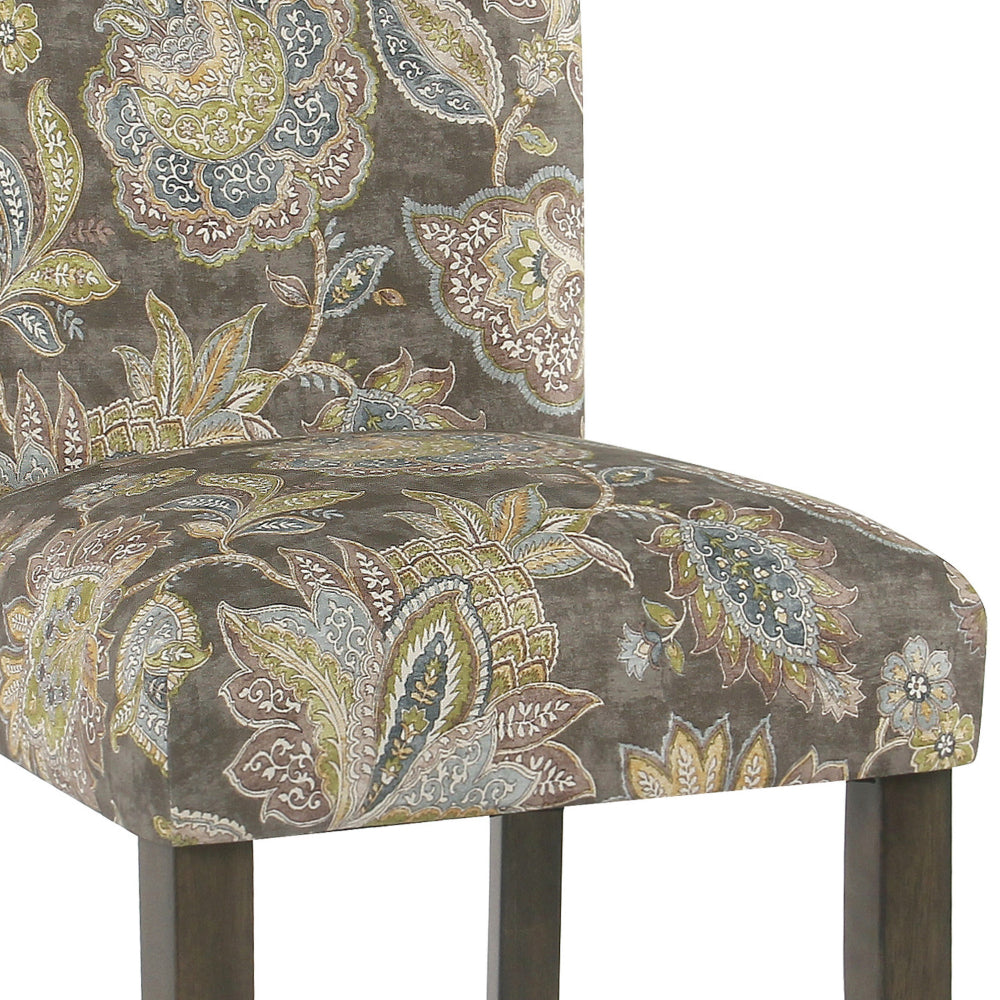 Benjara Floral Print Fabric Upholstered Parsons Chair with Wooden Legs, Multicolor, Set of Two