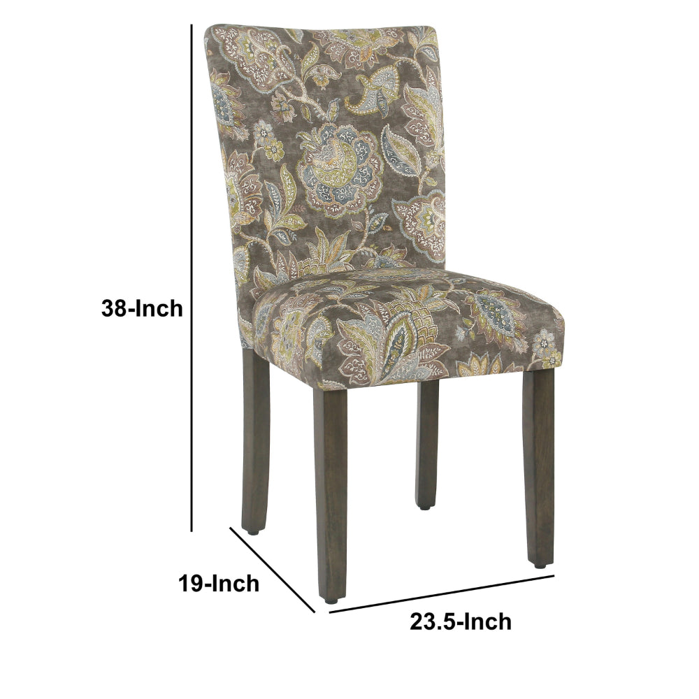 Benjara Floral Print Fabric Upholstered Parsons Chair with Wooden Legs, Multicolor, Set of Two