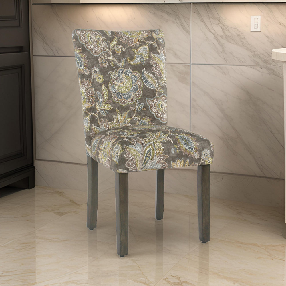 Benjara Floral Print Fabric Upholstered Parsons Chair with Wooden Legs, Multicolor, Set of Two