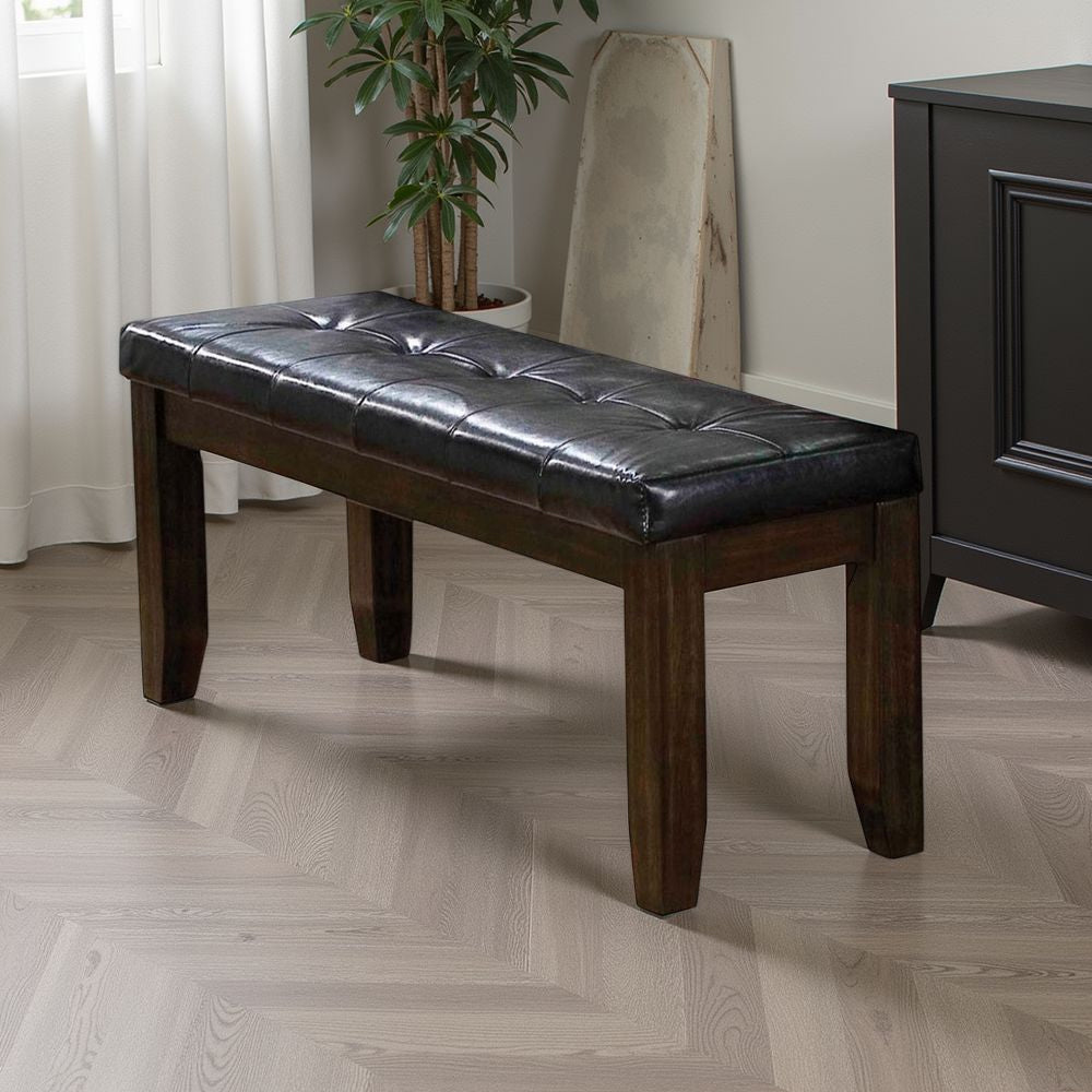 Benjara Leatherette Upholstered Tufted Wooden Bench with Chamfered Legs, Brown