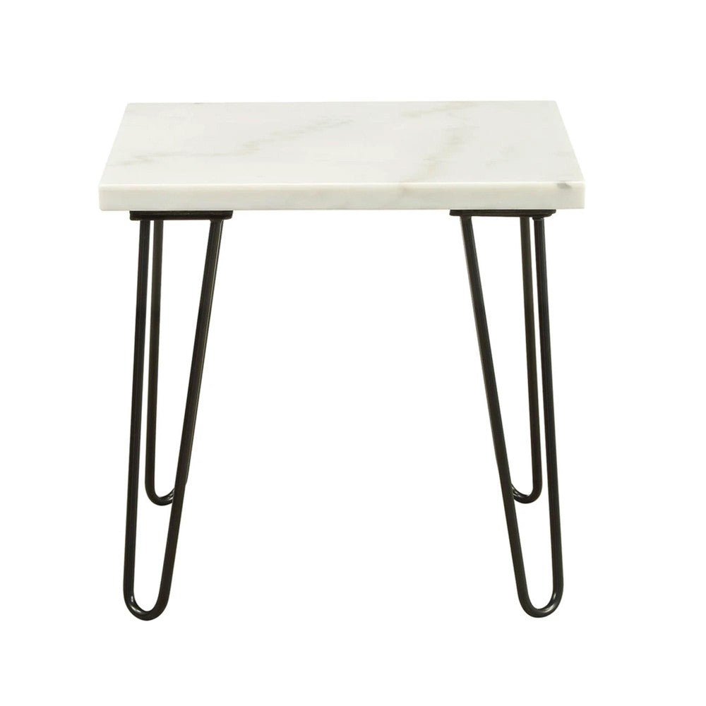 Benjara Marble Top End Table with Hairpin Style Metal Legs, White And Black