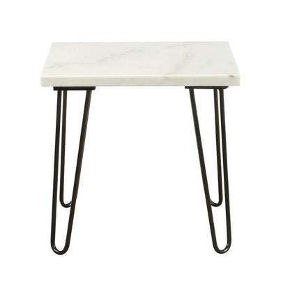 Benjara Marble Top End Table with Hairpin Style Metal Legs, White And Black