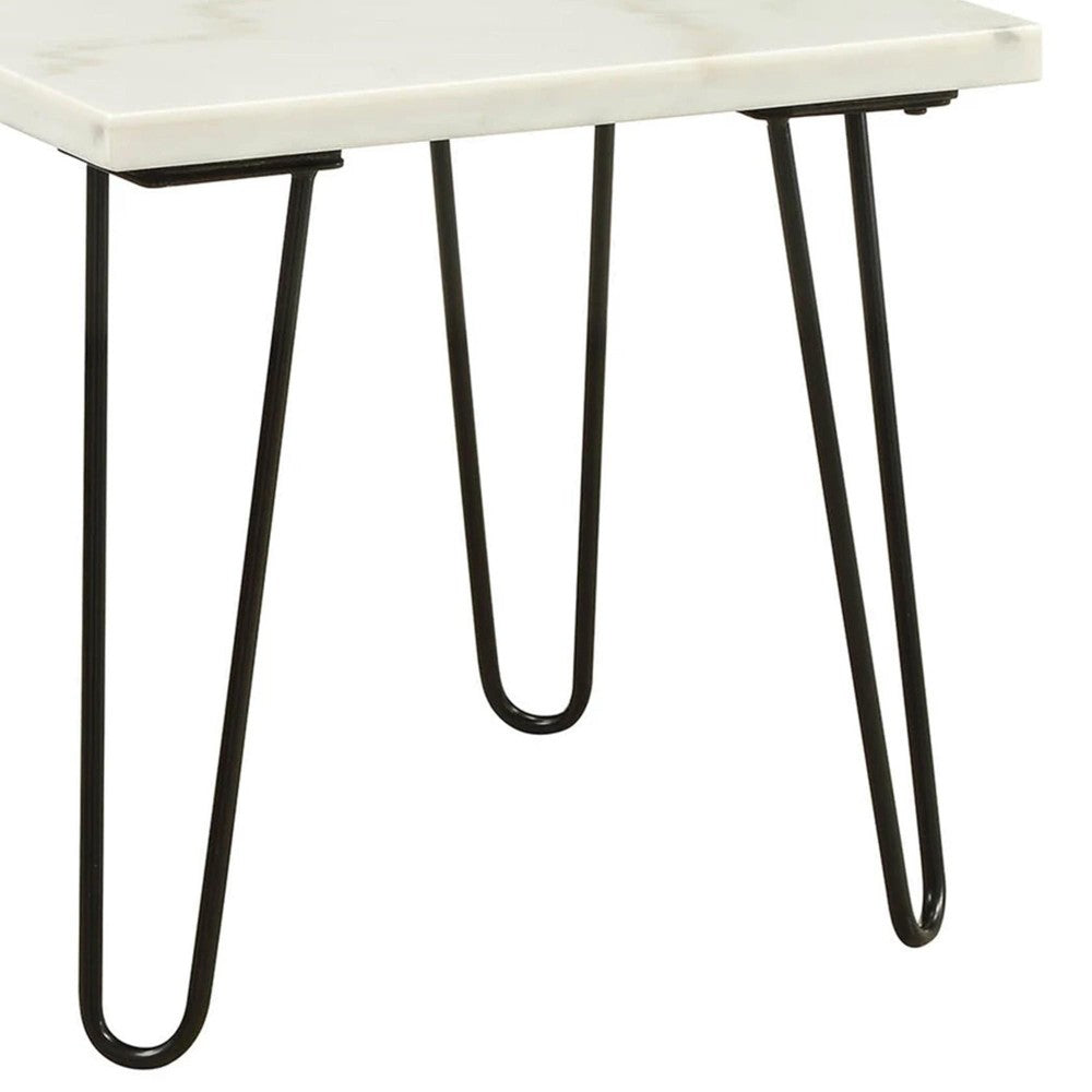 Benjara Marble Top End Table with Hairpin Style Metal Legs, White And Black